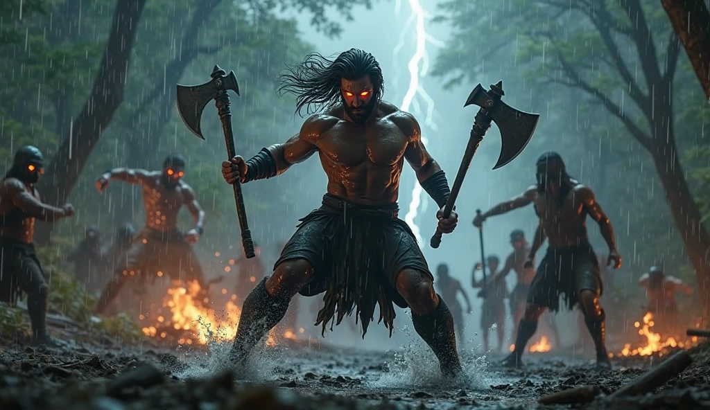 A white-haired tribesman was shot in the head with a shotgun from a distance as the man used a spear to kill another man who was lying on the ground, amidst the fading mist and the beginning of daylight.