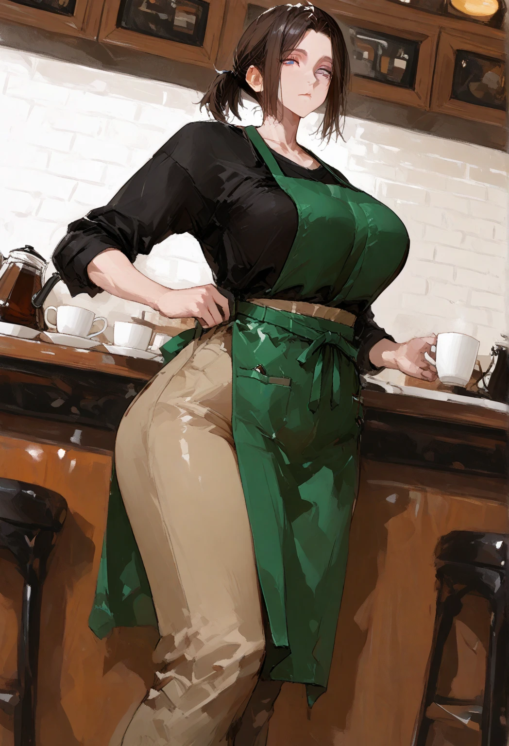 <lora:VRAMsCharlotte640:0.5>, xyzcharlotte, 1girl, long hair, looking at viewer, portrait, masterpiece, best quality, blunt bangs, closeup, makeup, choker, skirt, belt, 3d model, octane render,
<lora:Iced_Latte_With_Breast_Milk_v2:0.8>, Iced_Latte_With_Breast_Milk, green apron