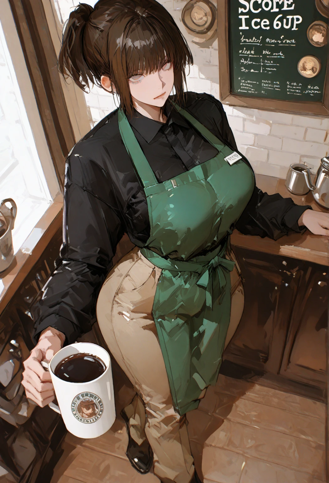 Cool beauty，Looks sweet，bob haistyle, (only wearing dark green starbucks apron, off-shoulders), show clavage, show big thigh, plump body, huge breast, full body photo, squat pose. Wearing black bunny headbend. In coffee shop.