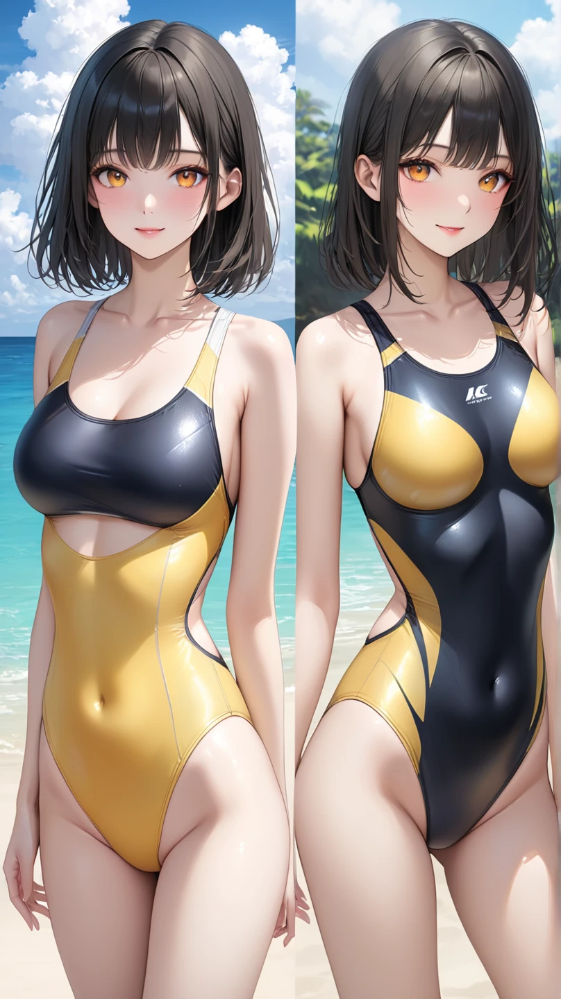 high quality、最high quality、Complete limbs、Ultra-high resolution、Full Finger、short hair、Gray Hair、Slender beauty、Wearing a yellow swimsuit