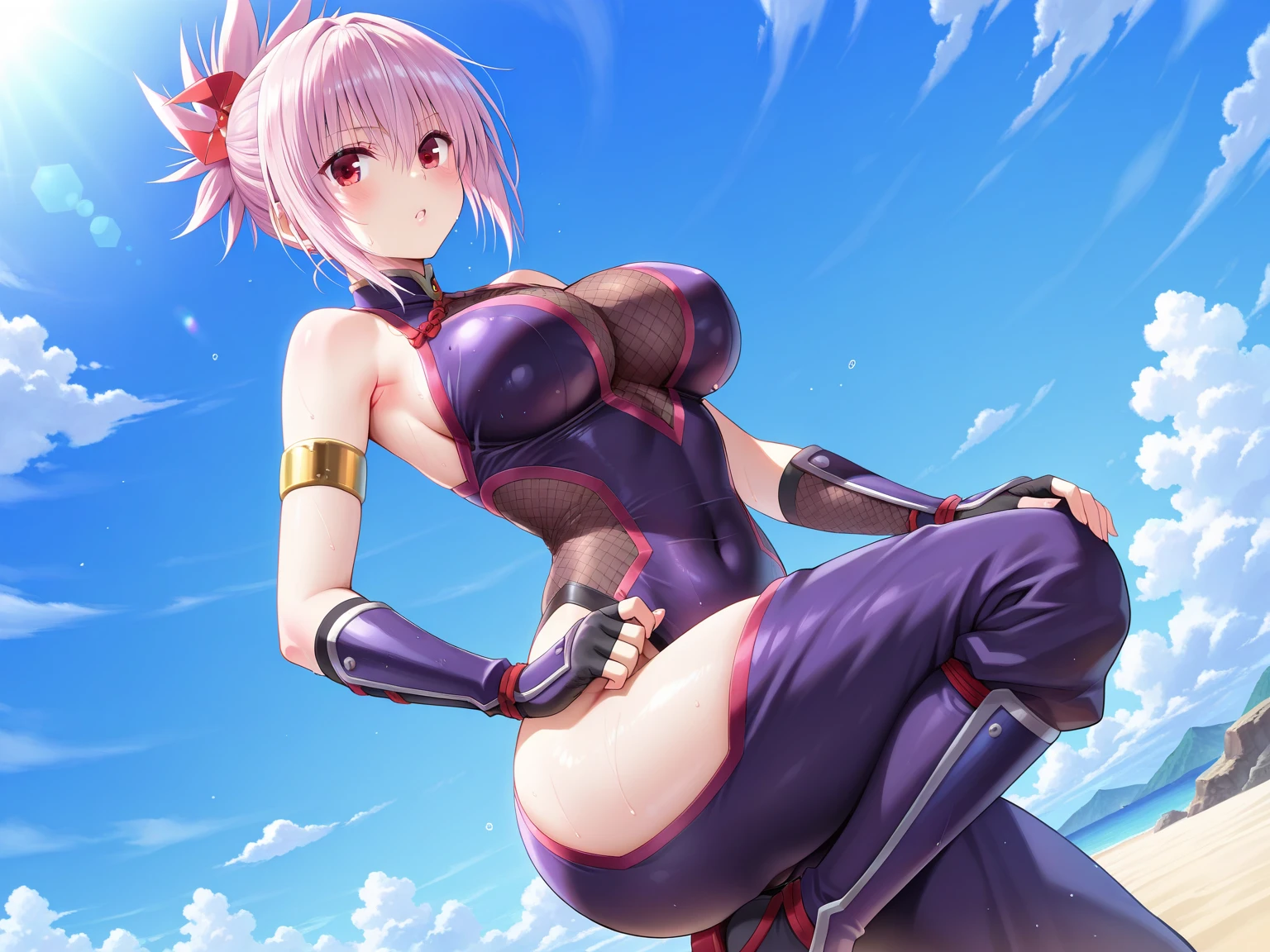 (((best quality))), (((high resolution))), (((masterpiece))), ((ultra-detailed)), (illustration), ((an extremely delicate and beautiful)), ((super detail)), (((20 years old))), ((adult)), (((tall))), gleaming skin, shiny body, breast focus, (((ultra-huge breasts))), elegant smile, ((big round eyes)), cute eyes, drooping eyes, two hands, five fingers, no extra hands, two legs, slender legs, ((biopunk)), ((metallic cloth)), (android), gynoid, delicate metal decorations, (medium length hair), (hair shorter than shoulder), braid, (see-through), mini skirt, ((midriff-baring outfit)), (shining brightly), outdoor, daytime, city, (pink blond), (super heroine), (maid), ((metallic blue)), (slimy shining suit), (spread legs), (arms behind head), camel toe, sit with legs stretched out, (((sfw))), (only left eye closed), (winking),