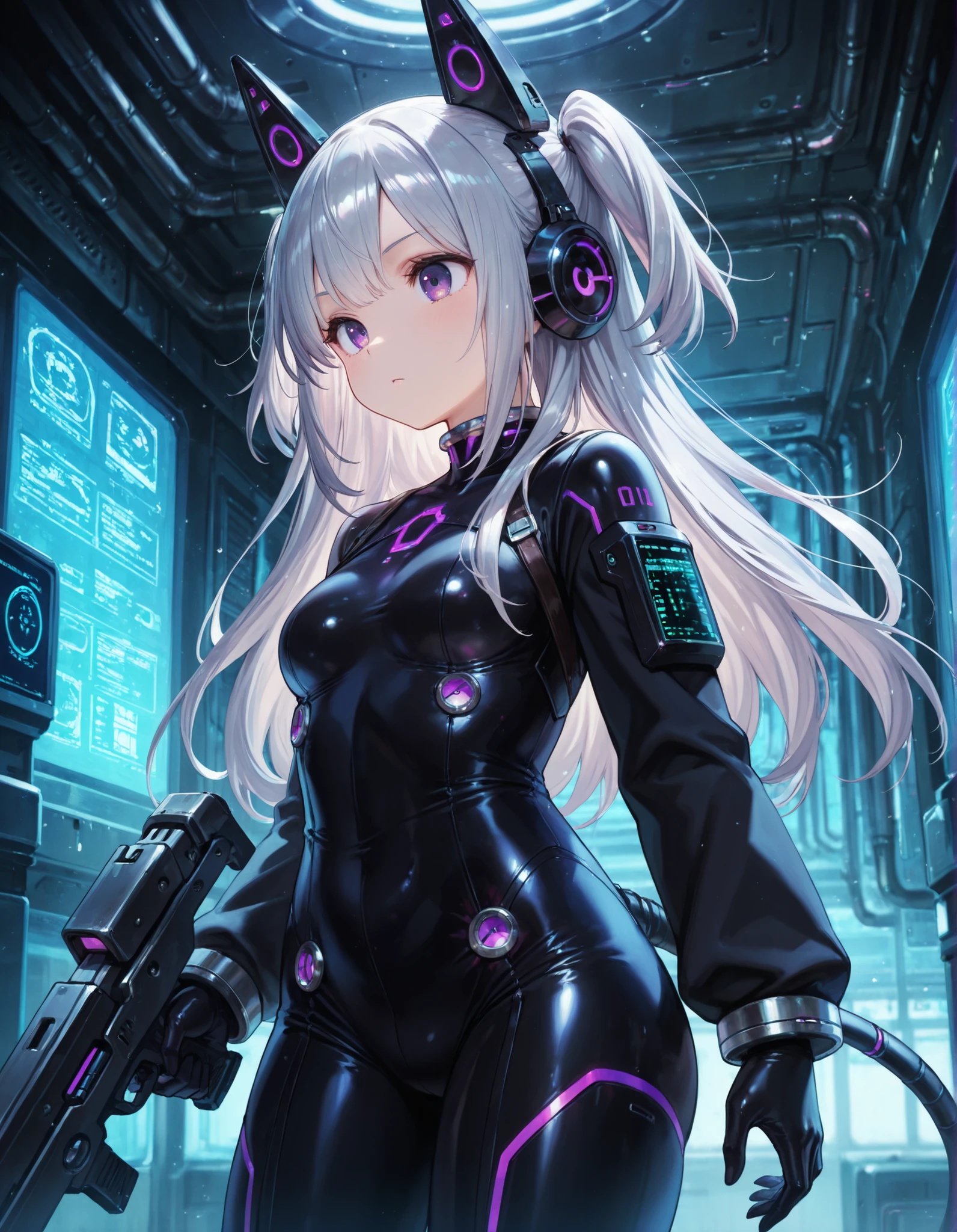 masterpiece, best quality, very aesthetic, 1girl,, silver hair, two side up, purple eyes, plug bodysuit, black suit, sci-fi, indoors, gun, mechanical ears,  from side