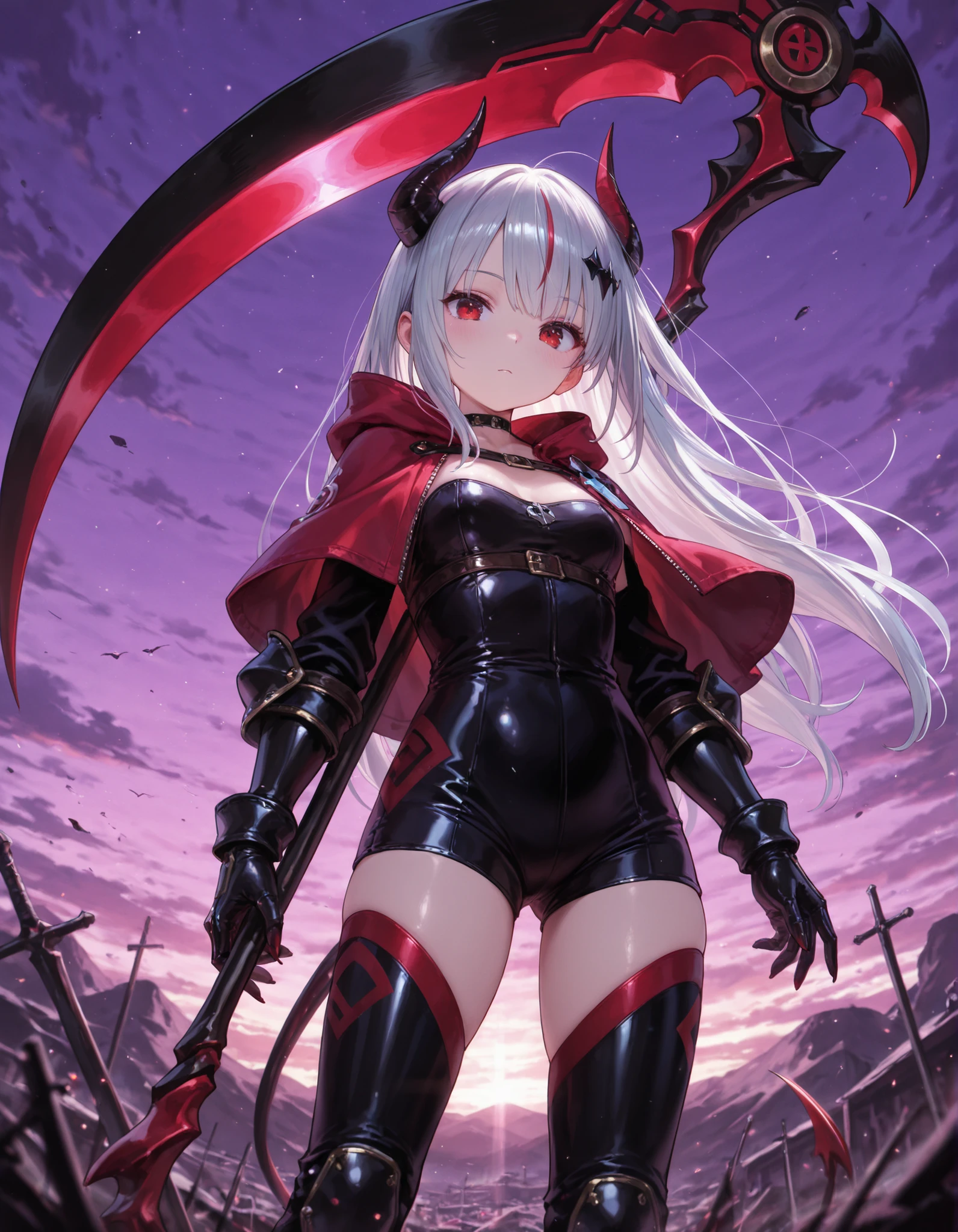 masterpiece, best quality, very aesthetic, 1girl,, solo, red scythe, purple sky