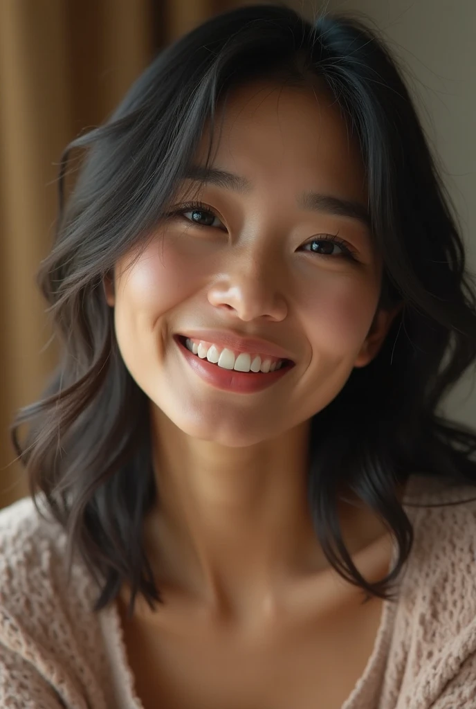 Asian girl, on couch, smiling innocently