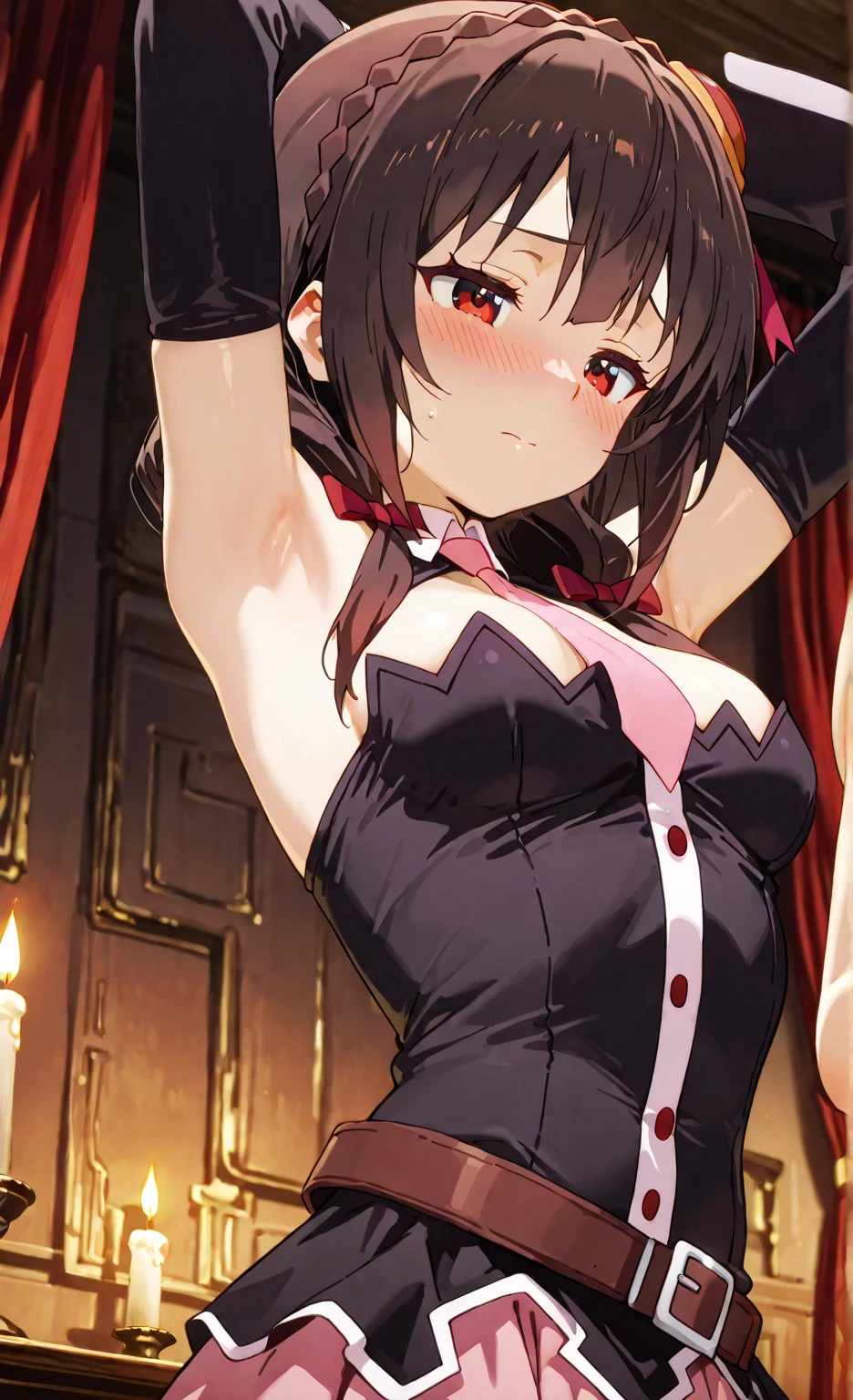 (masterpiece:1.2), hyper detail, best quality, (intricate_details:1.1), beautiful detailed, beautiful hair, solo,1girl,YUNYUN, CROWN BRAID, HAIR ORNAMENT, HAIR BOW,PINK NECKTIE, LONG SLEEVES, CLEAVAGE,torn clothes,((blurry_background)),sweating,greasy shoulder,from below,flipped hair,armpit,greasy armpit,((armpit focus)),bare shoulder,upper body,five fingers,(sideboobs),five fingers,((greasy armpit)),((smooth armpit)),((Pupil details)),backlighting,((Stretch oneself)),((hand on chest)),((five fingers)),((Detailed armpit)),((elastic armpit)),((soft armpit)),cleavage,upper body,((young girl)),looking side,blush,open mouth,flustered face,((wet armpit)),((wet body)),((greasy body)),((backlighting)),under shaded,