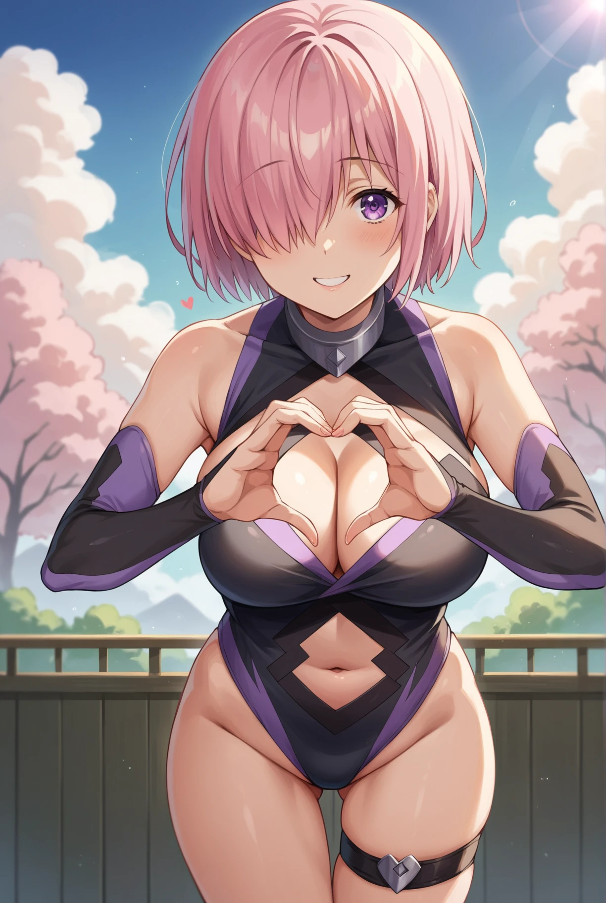 score_9, score_8_up, score_7_up, source_anime BREAK 1girl, solo, looking at viewer, detailed background,  <lora:mash_kyrielight:1>, Mash Kyrielight, pink hair, hair over one eye, large breasts, leotard, navel, thigh strap, elbow gloves,  cleavage, smile, (outdoors, sunlight, cloudy sky),  from behind, hand on ass, ass grab, back,