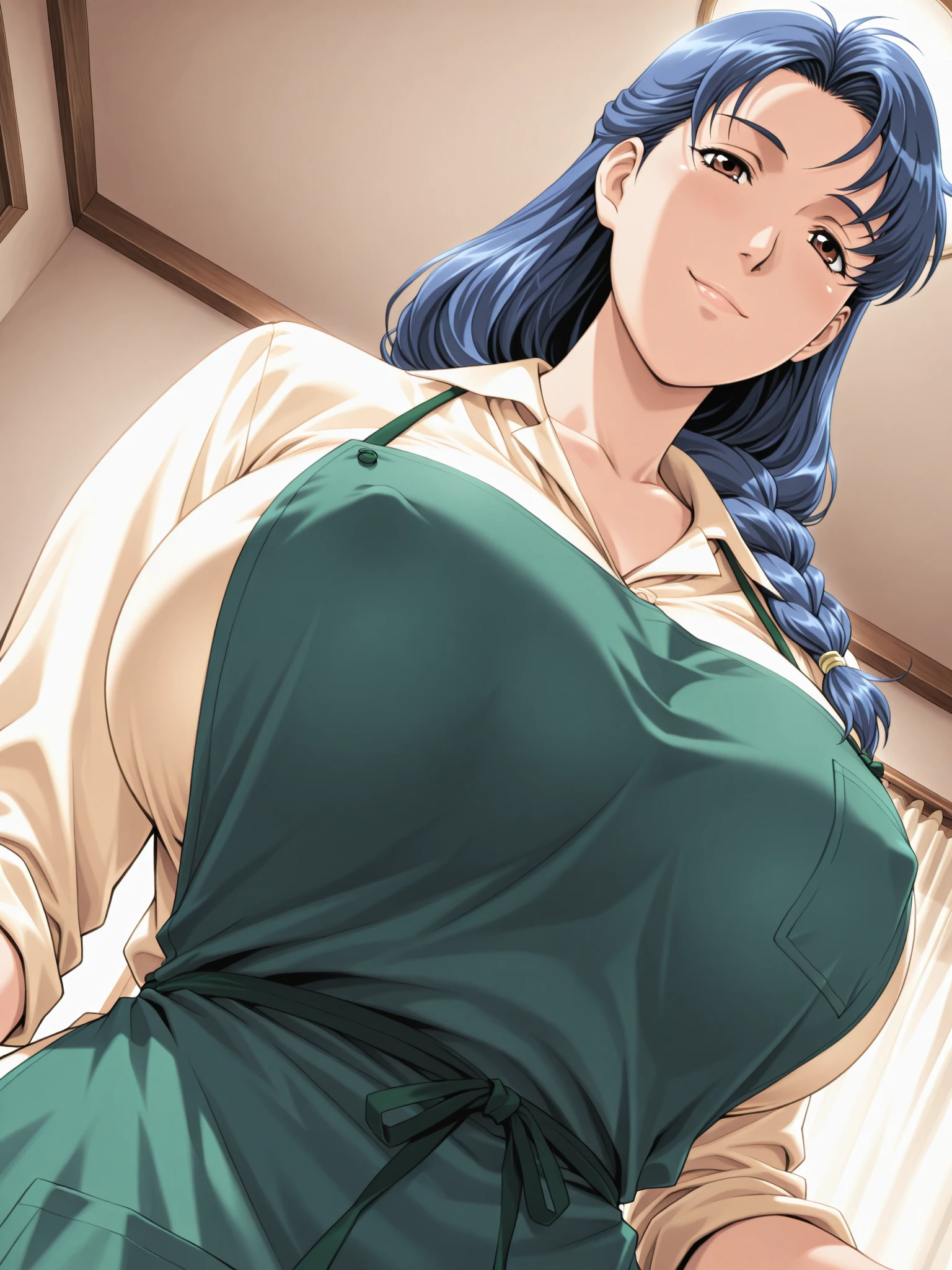 (1milf, solo), sitting, (sleeveless shirt, hotel doorman uniform, bow tie), French twist updo, embarrassing big smile, (masterpiece best quality), delicate illustration ultra-detailed, sagging huge breasts, (customer service counter), work desk, detailed background, ((showing hairy armpit hair)), thick makeup, upper body only, pamphlet, in hotel lobby, sweating, hand behind head, tablet, key box