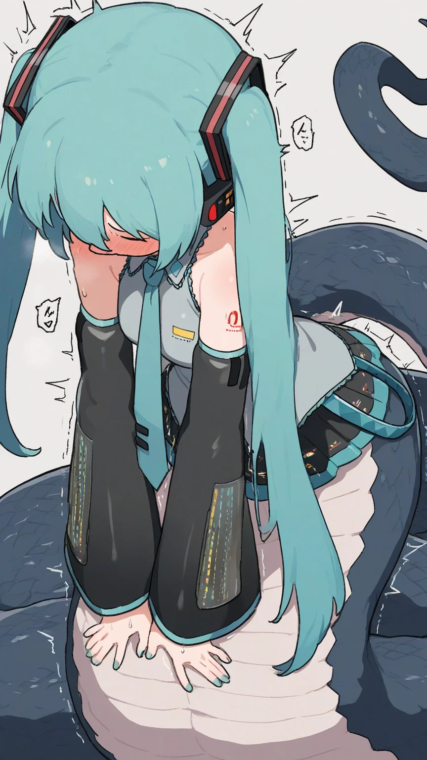 1Girl flar skin, and pigtails blue hair with bangs has big breasts, dress with black Maid suit with white stockings, with dark brown shoes, and with blue eyes pupils, with white gloves top-down bottom-up leggings, very closeup solo,