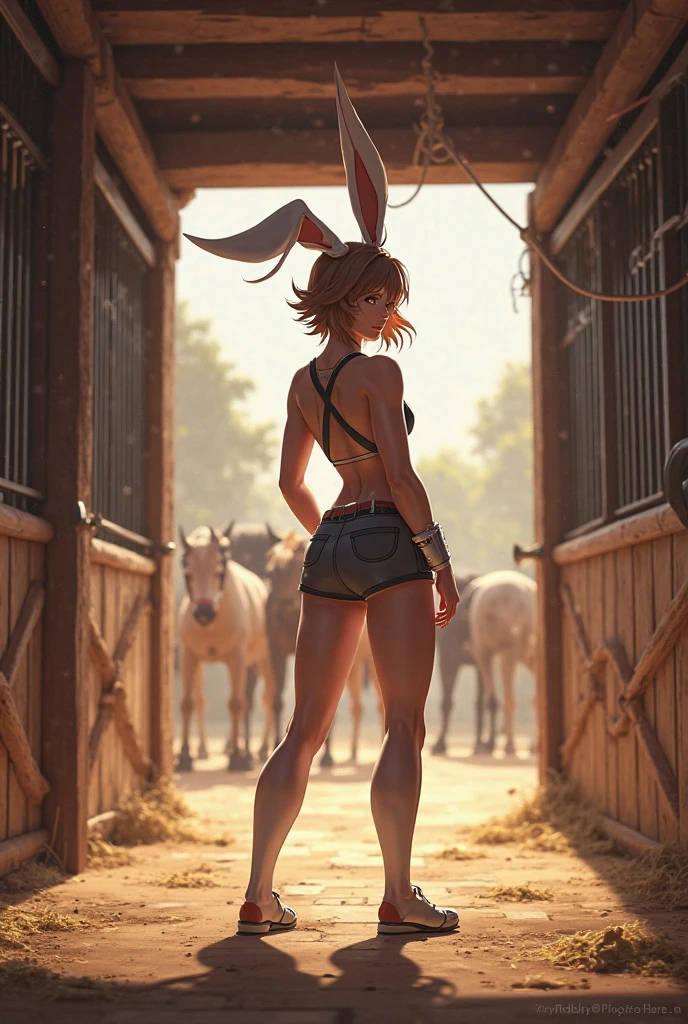 Short busty rabbit girl wearing nothing but a red apron, brown fur, wheat field, looking in the distance, by bebebebebe, by spuydjeks, by spikedmauler, exposed butt, cotton tail, open mouth, shocked expression, wide eyes, ((apron only, solo)), from behind view, looking back at viewer, sunrise, fluffy clouds