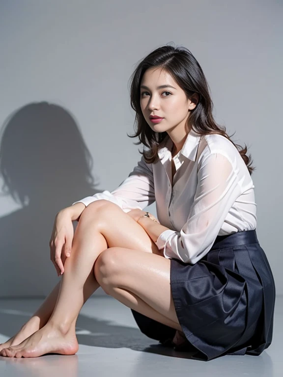 adorable, 1 girl, solo, 10 years old, baby face, happy, (face details: 1), (eye details:1), ((small breasts)), slim body, wearing transparent long shirt, (white button down shirt:1.4), Cute posed, proportional body, Ultra High Res, realistic: 1.4, UHD, (Upside-down fishtail braid Hairstyle), full body:1.4, plain white background, crouching, sexy pose, see through skin panties, no pants, (slim legs:1.6), barefoot