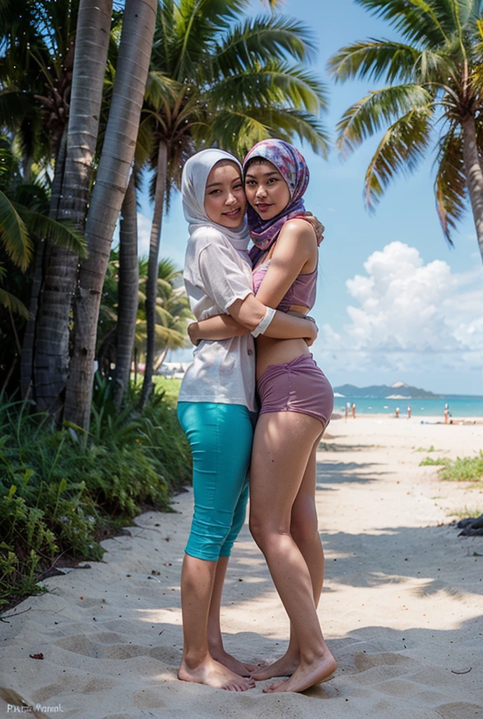 2 young girl, wear hijab, flat chested, naked, walking on a beach, hands holding each other, happy smile, low angle, full body photo, 