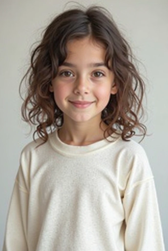 A brunette girl with curly hair and sits with her legs stretched out, taking a realistic photo
