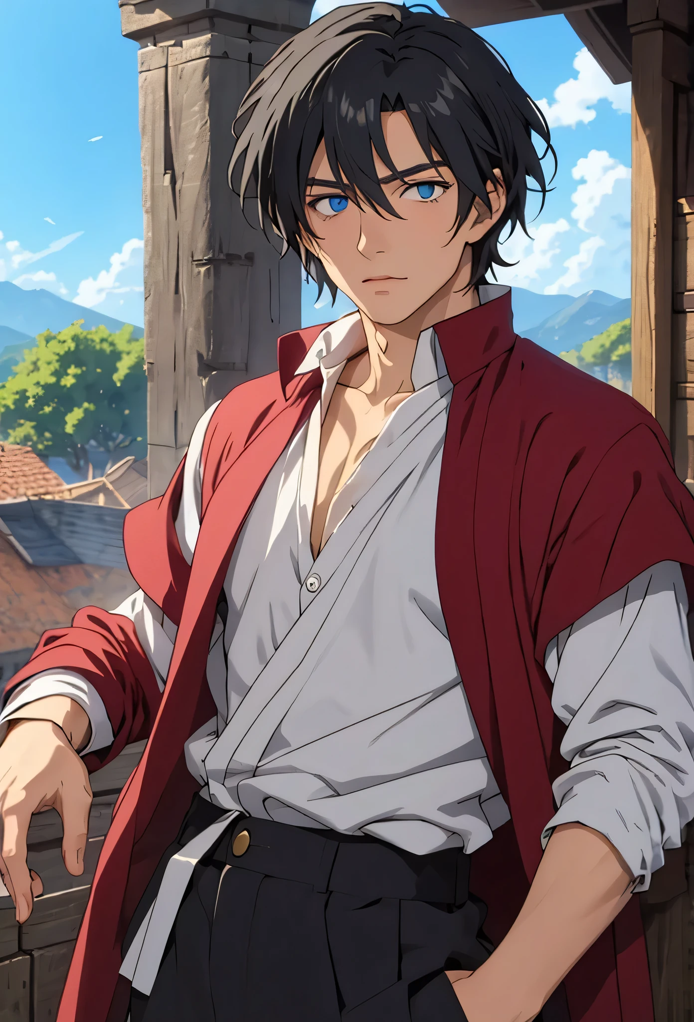 A single man anime style semi-realistic short black hair and blue eyes, He wears poor medieval European clothes