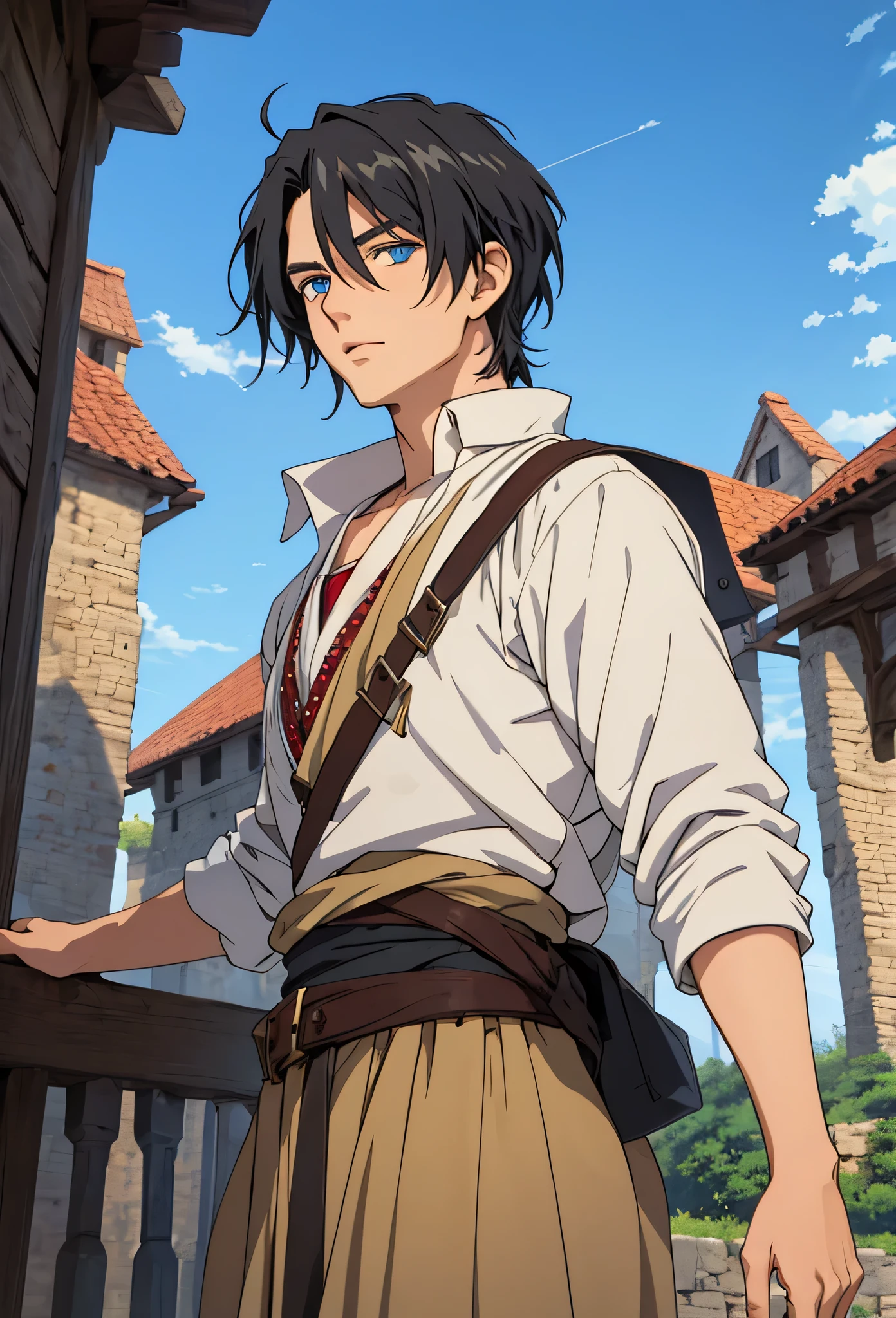 A single man anime style semi-realistic short black hair and blue eyes, He wears poor medieval European clothes