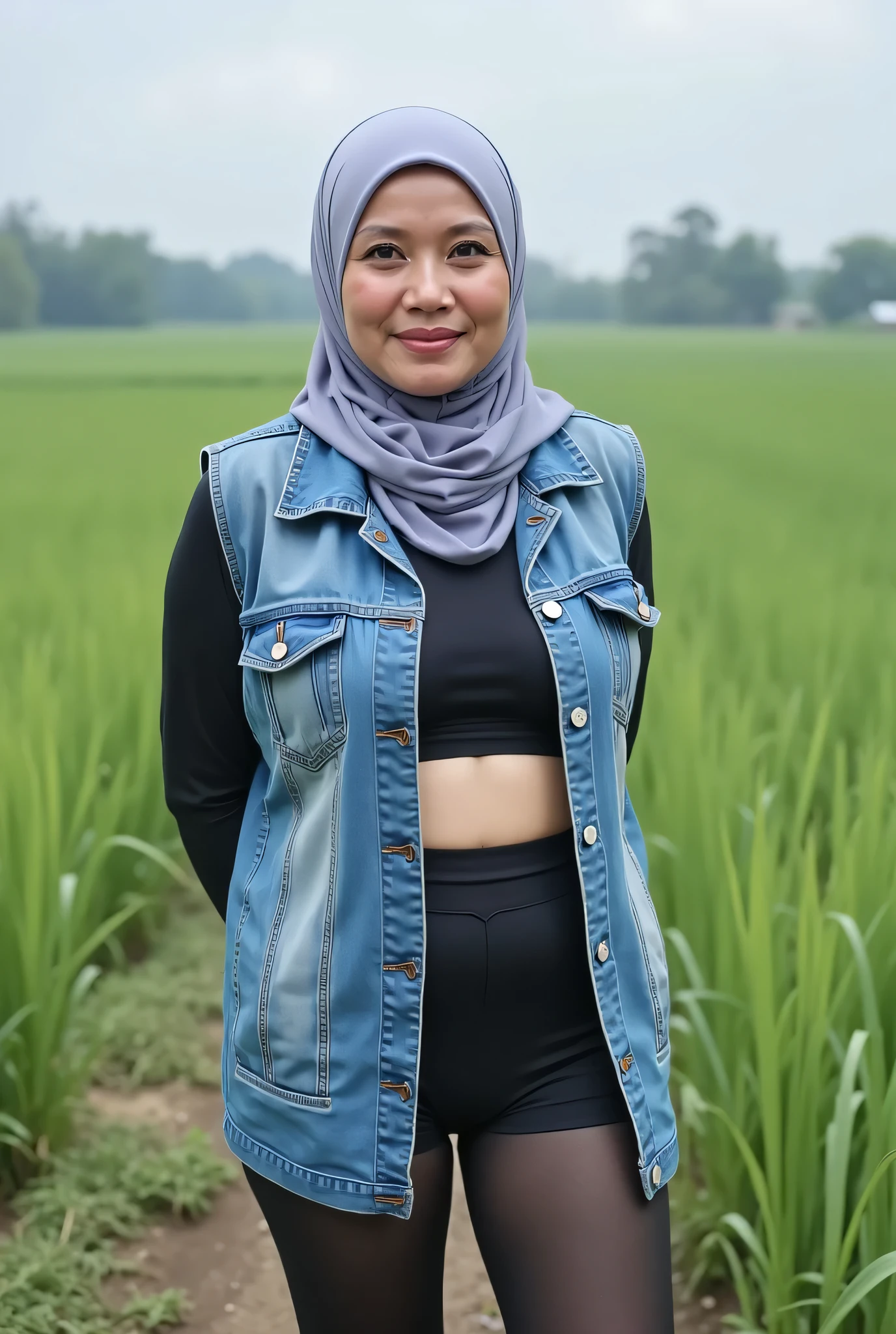 The real super old lady 68 years old Just Front photo, wear a loose drop Looks like a little rubber panties pastel translucent (black) leggings closed my center, Tetek besar melayut, hijab hijab hijab  hijab, (photorealistic:1.6), background rice paddy. daytime atmosphere, don't put any rope! flat chest!, duduk di atas kerusi kaca, hands behind back while legs astride,  view from  front, wearing black bra & mini unbuttone vest denim.