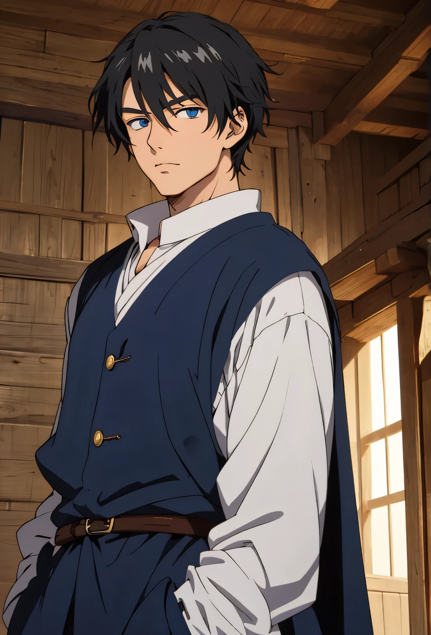 A single man anime style semi-realistic short black hair and blue eyes, He wears poor medieval European clothes
