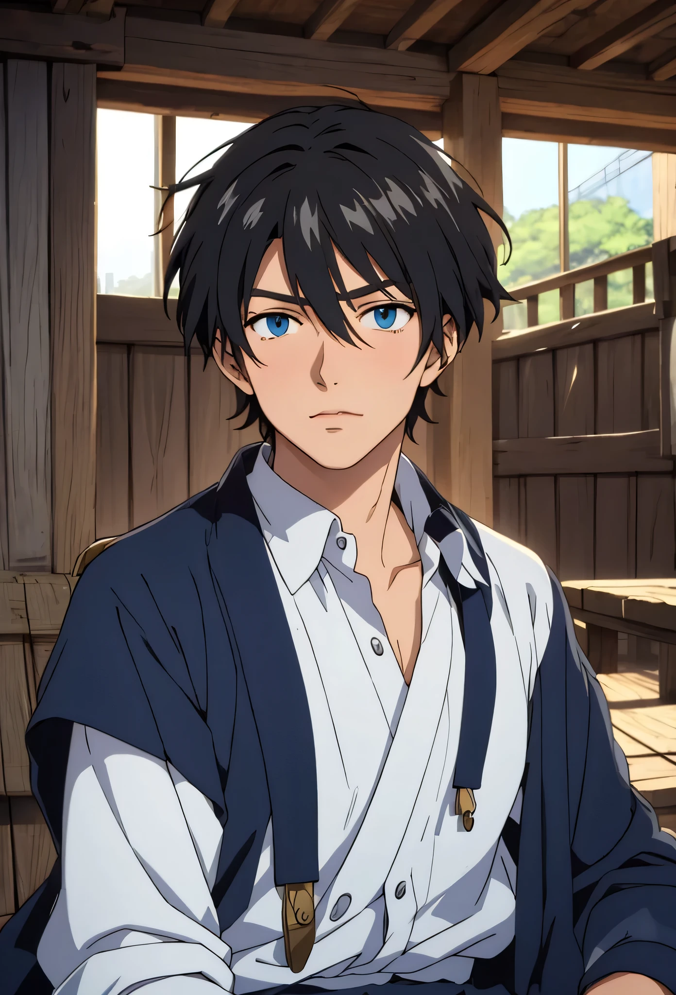 A single man anime style semi-realistic short black hair and blue eyes, He wears poor medieval European clothes
