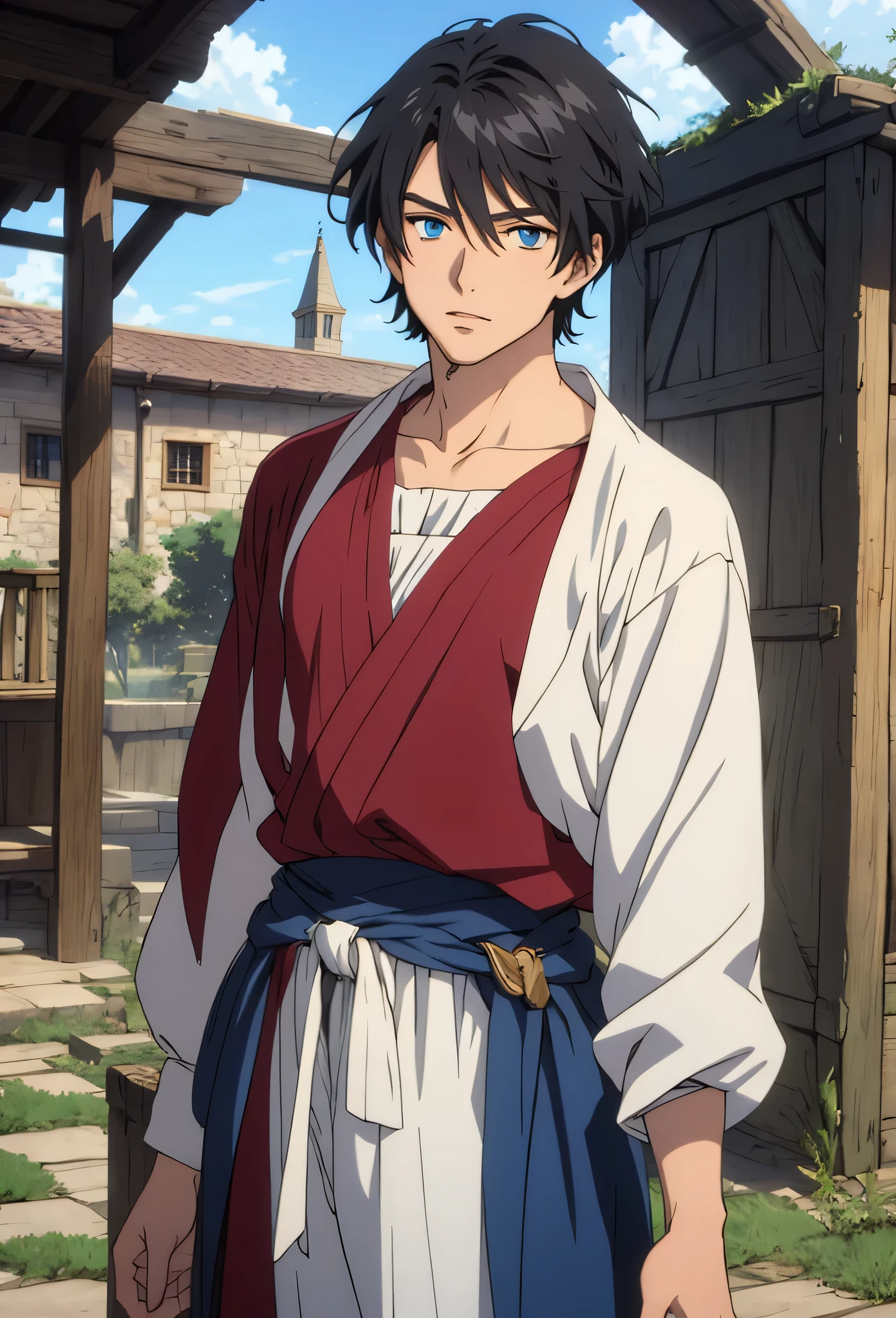 A single man anime style semi-realistic short black hair and blue eyes, He wears poor medieval European clothes