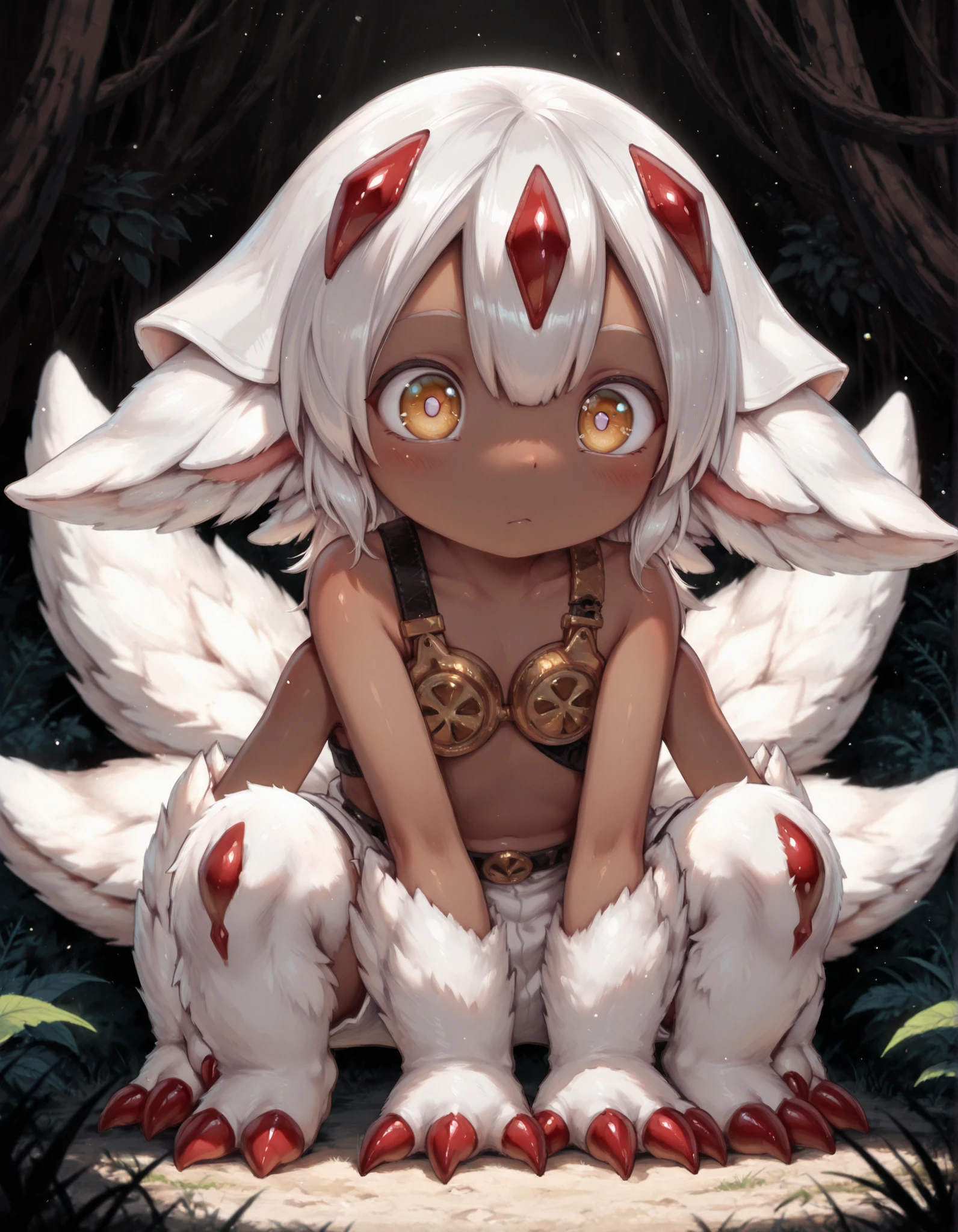 masterpiece, best quality, very aesthetic, 1girl, solo, pers0n4l4ami, pers0n4l4mi,,  faputa, dark-skinned girl, animal ears, extra arms, red claws, multiple tails, white black, mtlb1a, safe, (young:1.5), body, 