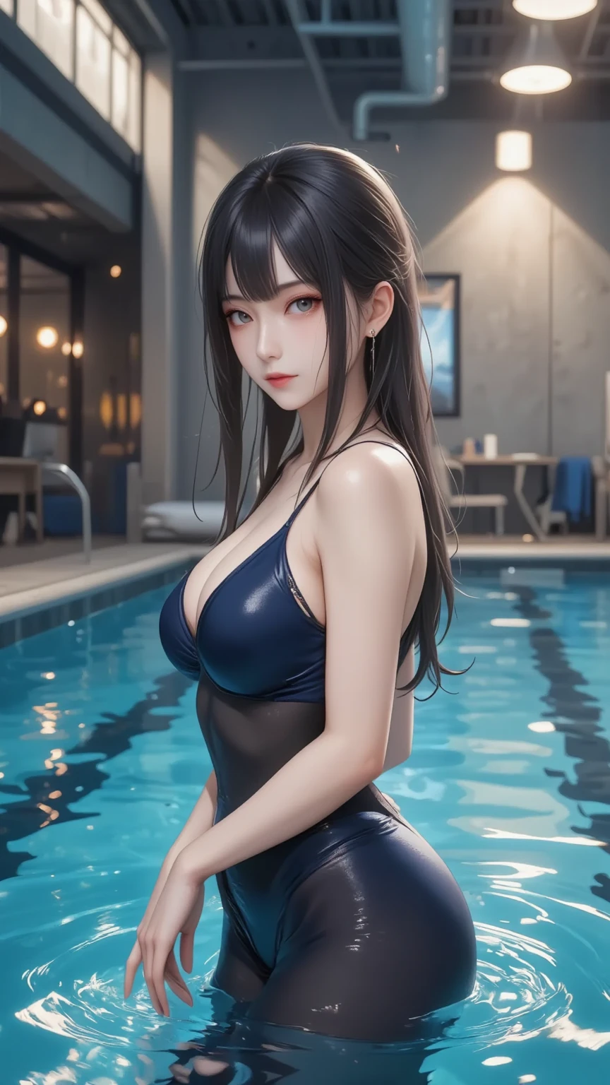 Japan woman in her 20s in black swimsuit standing by the water