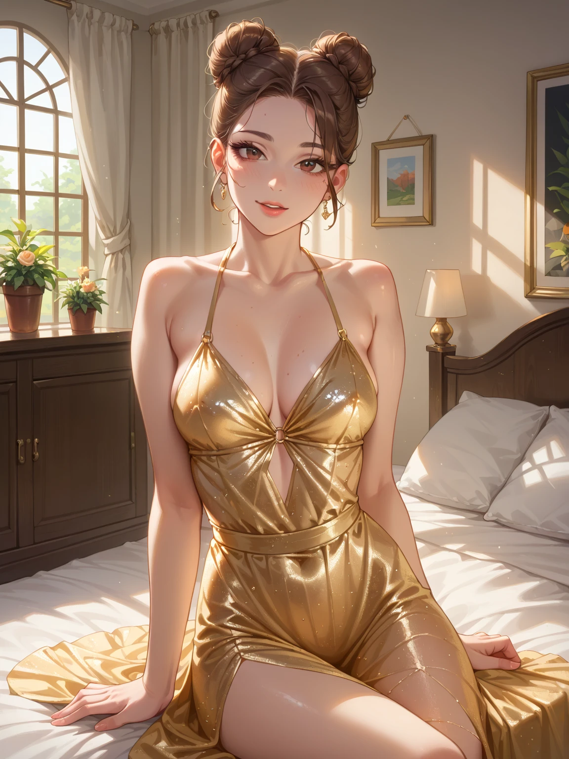 best quality,masterpiece,highres,original,extremely detailed wallpaper,perfect lighting,extremely detailed CG,<lora:add_detail:0.4>,perfect_photography.txt,
<lora:Fashionable gold thigh-slit sexy outfit(61):0.6>,cleavage,navel,