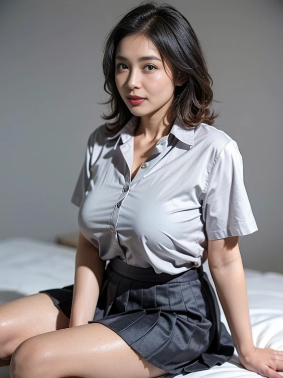 (Best quality, 8k, 32k, Masterpiece, UHD:1.2),Photo of Pretty Japanese woman,detailed face,22 years old,medium breasts,(black,very short hair:1.2),teacher,(open white dress shirt,long sleeves:1.1),(long skirt:1.2),earings,(from above:1.1),pov,(looking at viewer:1.1),sitting floor,wooden floor,white wall,(cum on breasts:1.3),<lora:CUM ON BREASTS :0.6>,(drooling:1.5),(crying with eyes open:1.1),open mouth,(close up:1.2),simple background,classroom,