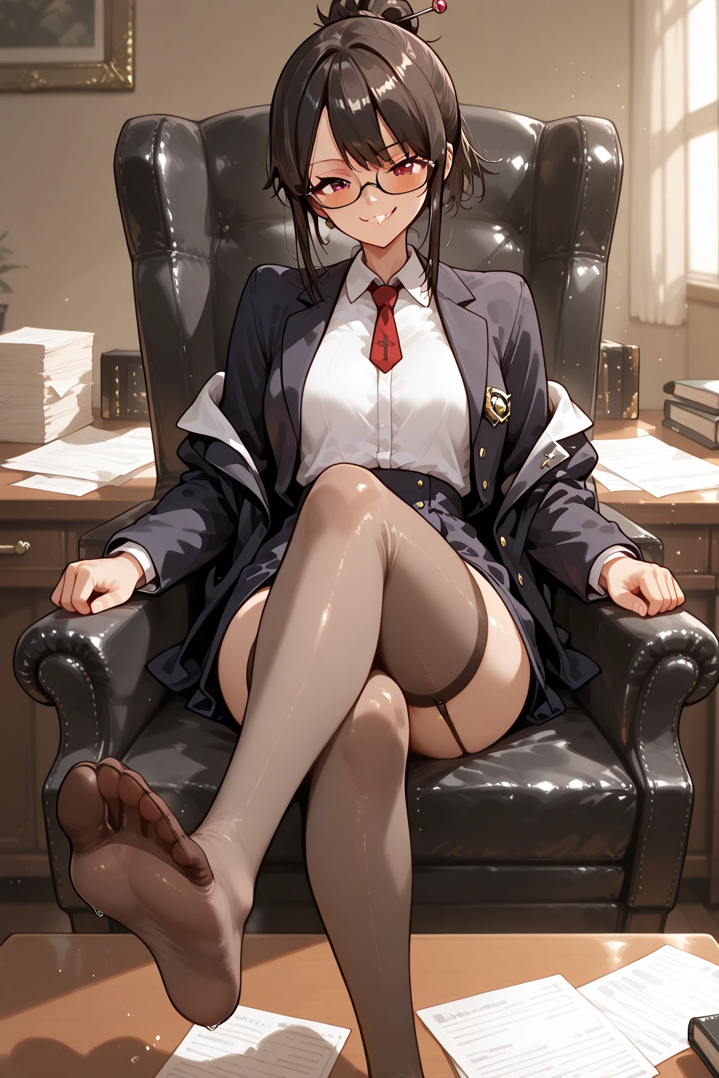 finest, masterpiece, High resolution, (Full body view from head to toe), Composition from slightly below the front, Symmetrical, 18 years old, slim and beautiful girl, alone, (small breasts), (not wearing shoes),Unkempt brown hair, bangs, (black tights), (black pantyhose), tied up with both arms hidden behind the back, , blush, shy big eyes, looking at camera, blazer uniform, plaid pleated skirt、Panties around ankles、Black knee-high socks