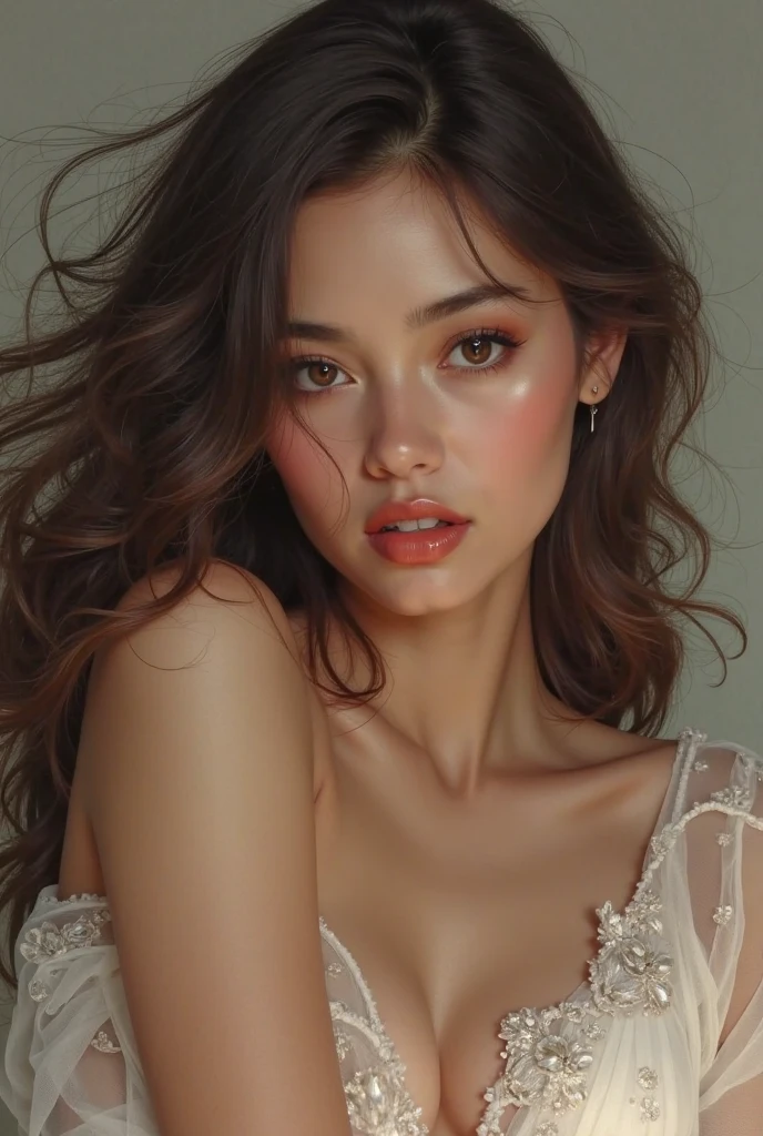 1 beautiful young girl, full body, waist below, Super beautiful detail face, (Slightly open mouth, Sexy look:1.1), (Beautiful big breasts:1.3), (Slender body:1.2), (Ultra-stylish dress,chest wide open:1.5), Bare breasts, pubick hair, Carmelto detailine face:1.2), Accessories, Earrings, conceptual art, High quality, Realistic, Extremely detailed CG unified 8K wallpaper, The very detailed, High-definition RAW color photo, professional photoshooting, Realistic portrait, Cinematic light, Beautiful detailed, Super detail, High details, Sexy art, (((Bokeh))), depth of fields, illumination, Gorgeous Danner table, Super stylish lighting,