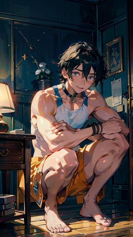 1 boy, 16 years old, Short spiked hair, crew cut hair, Cute, Young, Smile, (open collar shirt), (checked boxer briefs, tight, low rise, ), watch, necklaces, (looking away), night, starry sky, stylish rooftop, sitting, from side, (detailed eyes), detailed skin, (masterpiece, best quality:1.4), Top Quality, High quality, Ultra detailed, insanely detailed, anime style