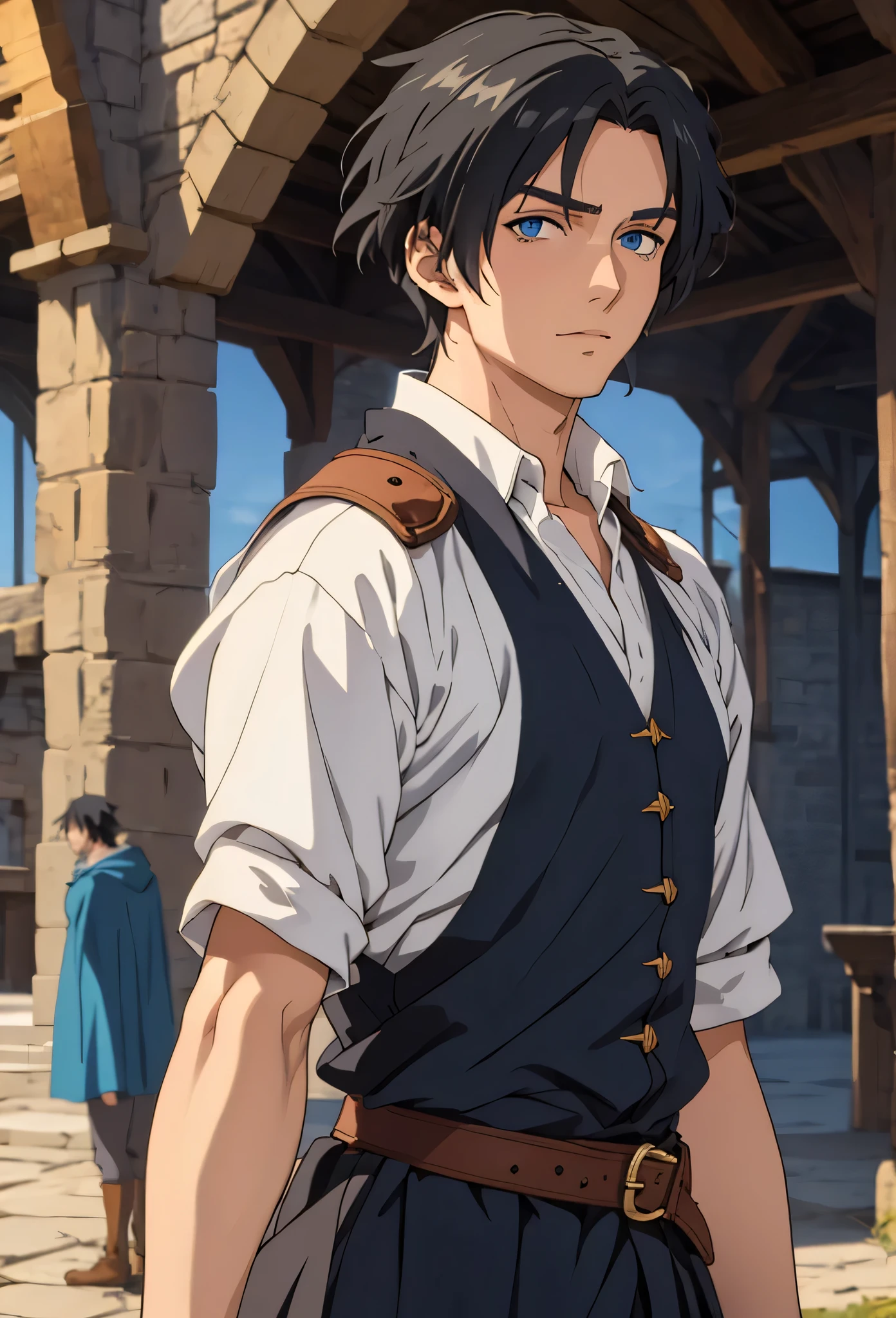 A single man anime style semi-realistic short black hair and blue eyes, He wears poor medieval European clothes