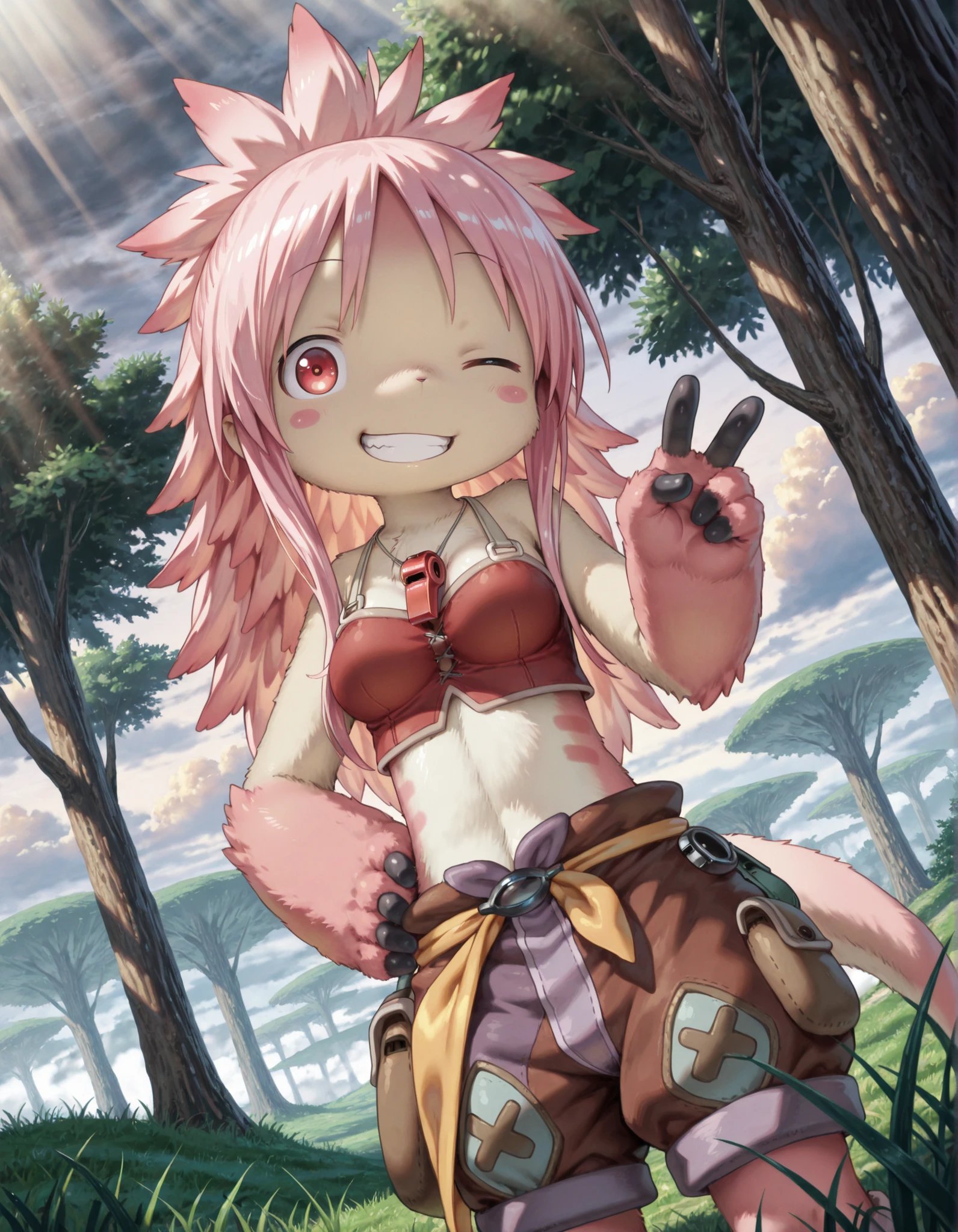 masterpiece, best quality, amazing quality, very aesthetic, absurdres, 1girl, solo, no headwear,
miabyss, mitty \(made in abyss\) \(furry\), \(made in abyss\), narehate, furry body, human face, pink hair, spiked hair, long hair, red eyes, medium breasts, pink tail, petite, red whistle, whistle around neck, bodysuit, brown shorts, red tank top, furry hands, long black fingers, pink animal ears, blush stickers, yellow sash
edgeofabyss, cloud, fog, grass, plant, tree, sunbeam, hand on own hip, grin, looking at viewer, dutch angle, double v, one eye closed, midriff