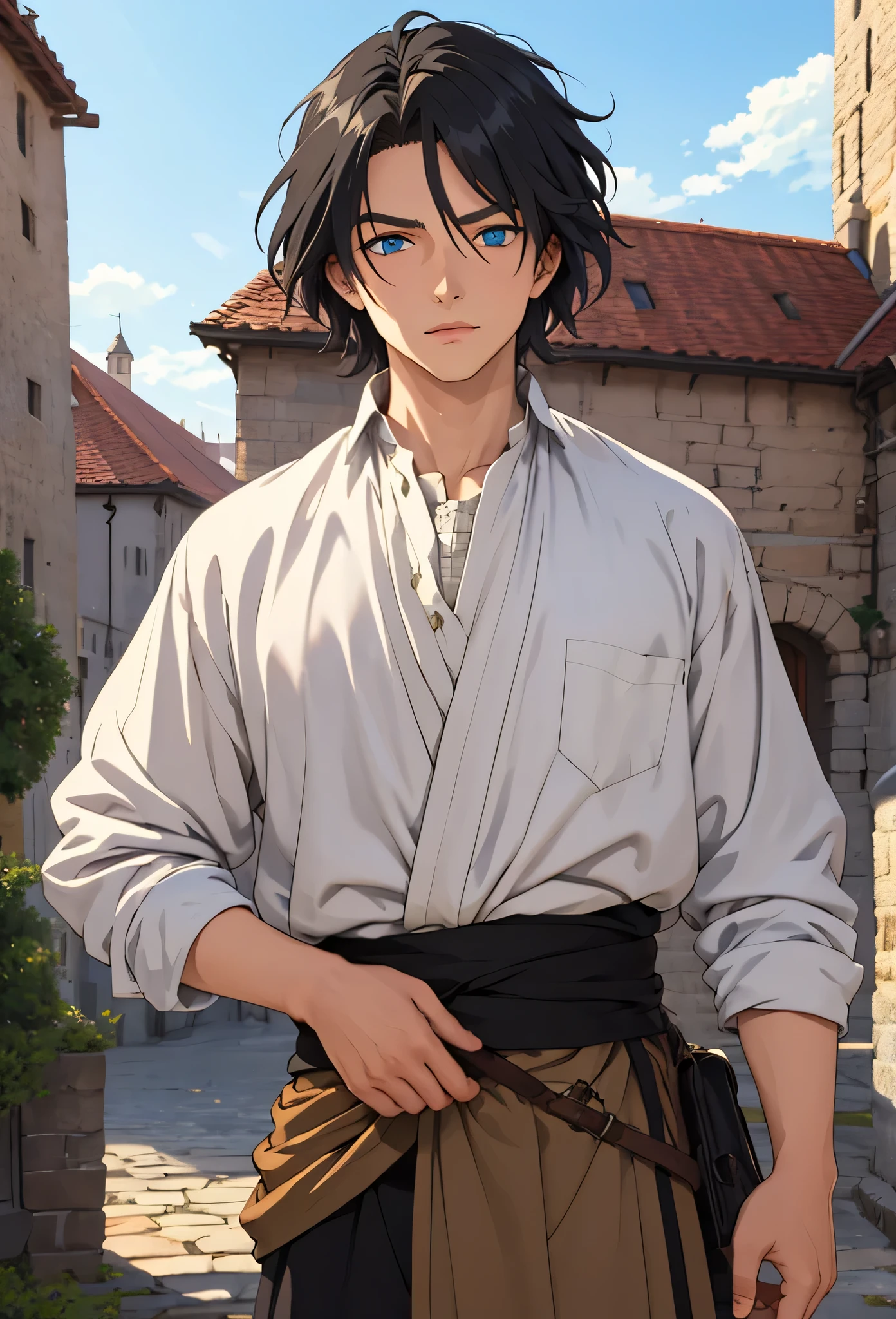A single man anime style semi-realistic short black hair and blue eyes, He wears poor medieval European clothes