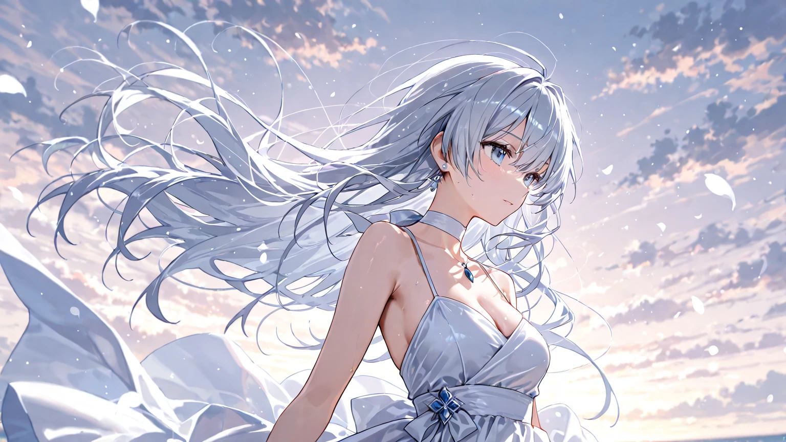 art by Cornflower, dreamy
(original, (masterpiece), (illustration:1.1), (detailed and beautiful), (perfect details), (unity CG 8K wallpaper:1.05), (beautiful and clear background:1.25), (depth of field:0.75), (1 (cute young girl:0.9) with long silver hair, ((snowflake:0.4) head ornament on hair:1.1) and (rabbit ears:1.1) stands aside the (frozen lake with (forest and mountain:1.1):1.35) under the (sunset:1.2) in the (winter:0.65):1.1). (detailed beautiful eyes:1.2), (beautiful face:1.2), (hair blowing with the wind:1.05), (blue eye:1.1), solo, (snow:0.4), aurora, stars.)