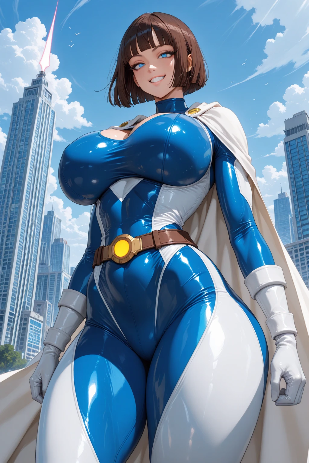 takeda hiromitsu style,score_9, score_8_up, score_7_up,,12 years old,nsfw,huge breasts:1.5、No bra,,,good anatomy, large breasts,ultra miniskirt,superhero,bodysuit,cleavage,erected nipples,fighting pose,kicking:1.3,from below,spread legs:1.1,cameltoe,sweat,see through nipples,hand upclose eyes,,kiss,she is wet with love juices
