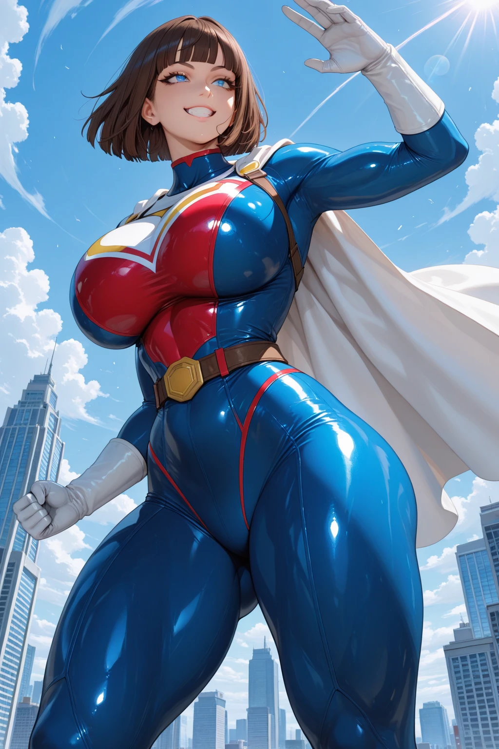 1female，41 years old，MILF，A MILF，mature，plumw，extremely large bosom ，Pornographic exposure， solo，（Background with：stadio） She has short black hair，bobo head，Station，seen from the front， hair straight， mostly cloudy sky，（（（tmasterpiece），（Very detailed CG unity 8K wallpaper），best qualtiy，cinmatic lighting，detailed back ground，beatiful detailed eyes，Bright pupils，（Very fine and beautiful），（Beautiful and detailed eye description），ultra - detailed，tmasterpiece，）），facing at camera，A high resolution，ultra - detailed），revealing breasts，Bare genitalia，  Bulge，legs are open，Raised sexy，Camel toes，Flushed complexion，Open-mouthed，frontage，us airforce，Aviator，（Wearing：Track and field suits，Black pantyhose）Superman uniform