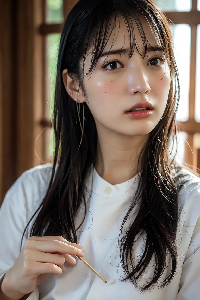 Dressed, (photo Realistic:1.4), (hyper Realistic:1.4), (Realistic:1.3),
(Smoother lighting:1.05), (Improving the lighting quality of movies:0.9), 32k,
One girl,20 year old girl, Realistic lighting, Backlight, Light on the face, Ray-tracing, (Bright light:1.2), (Improvement of quality:1.4),
(Highest quality real texture skins:1.4), Detailed drawn eyes, Detailed painted face,
(tired and sleepy and joy), (smile:0), Face close-up, T-Shirts,
(Enhance the mood of your body line:1.1), (Enhances the beauty of skin texture:1.1)