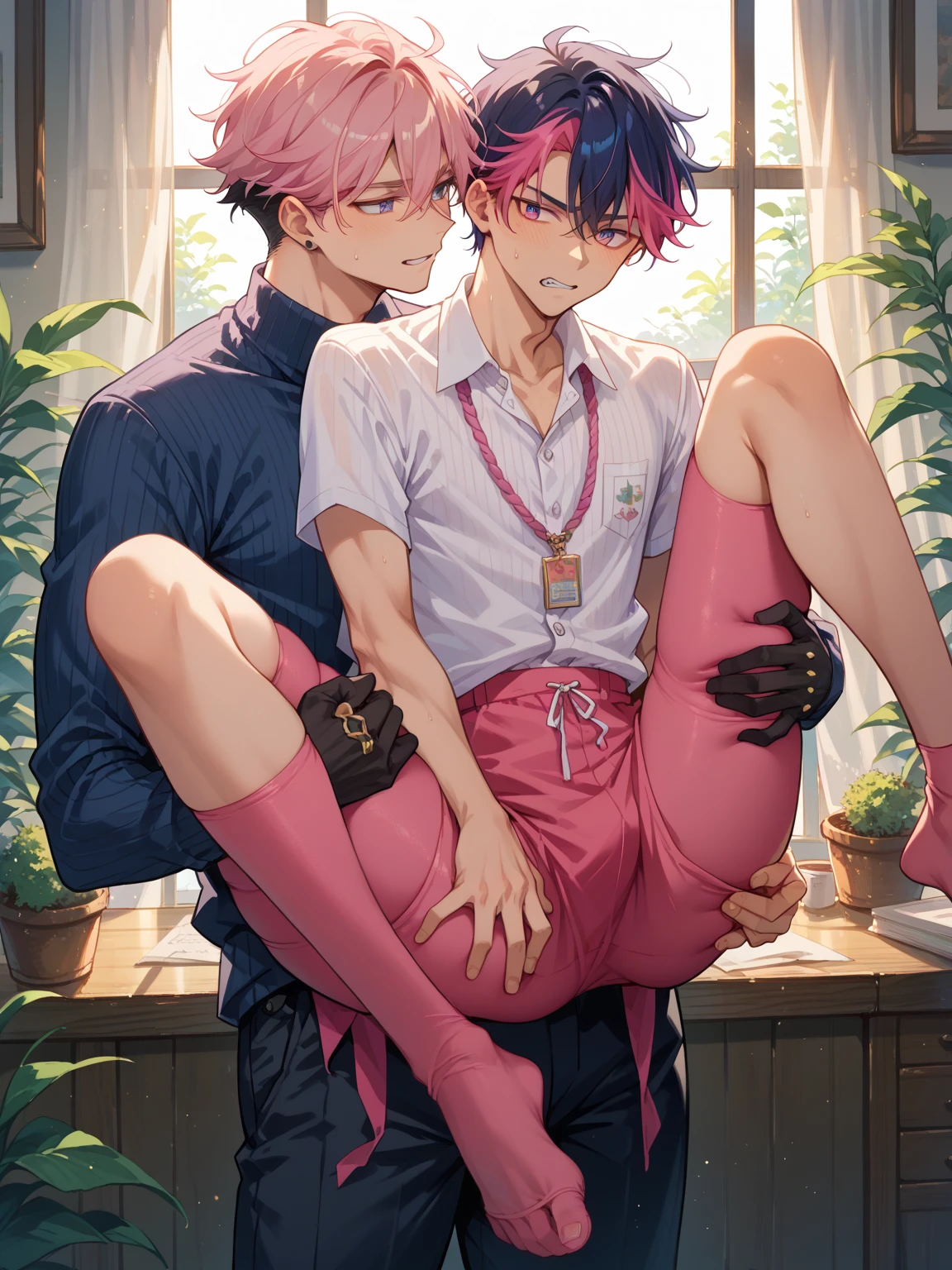 (Shota:1.5), (baggy:1.4), (Red Tank Top:1.3), (White panties:1.3), (bulge&erection:1.2), (Looking up:1.4), The wind is blowing, (((Highest quality))), (((masterpiece))), (((Super detailed))), (Love Sex:1.3), ((Spiked Hair)), (The wind is blowing), ((Pink Hair)), Wine red eyes, Raise your arms, ((smile)),  (Open your mouth), ((Earrings)), blue sky, Grass, (Choker on neck), Underarm, Sweaty skin, ((Wet clothes)), Nipples, center, (Shooting from below),