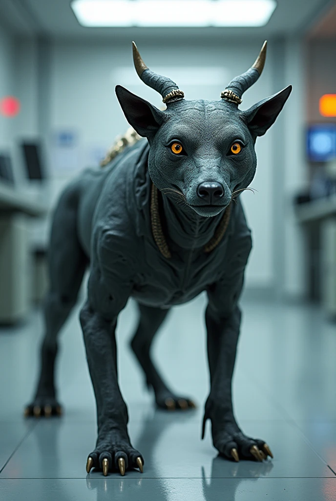 real e621, photorealistic, masterpiece, goo jackal, looking at viewer, sharp eyes, full body portrait, emergency lights flashing