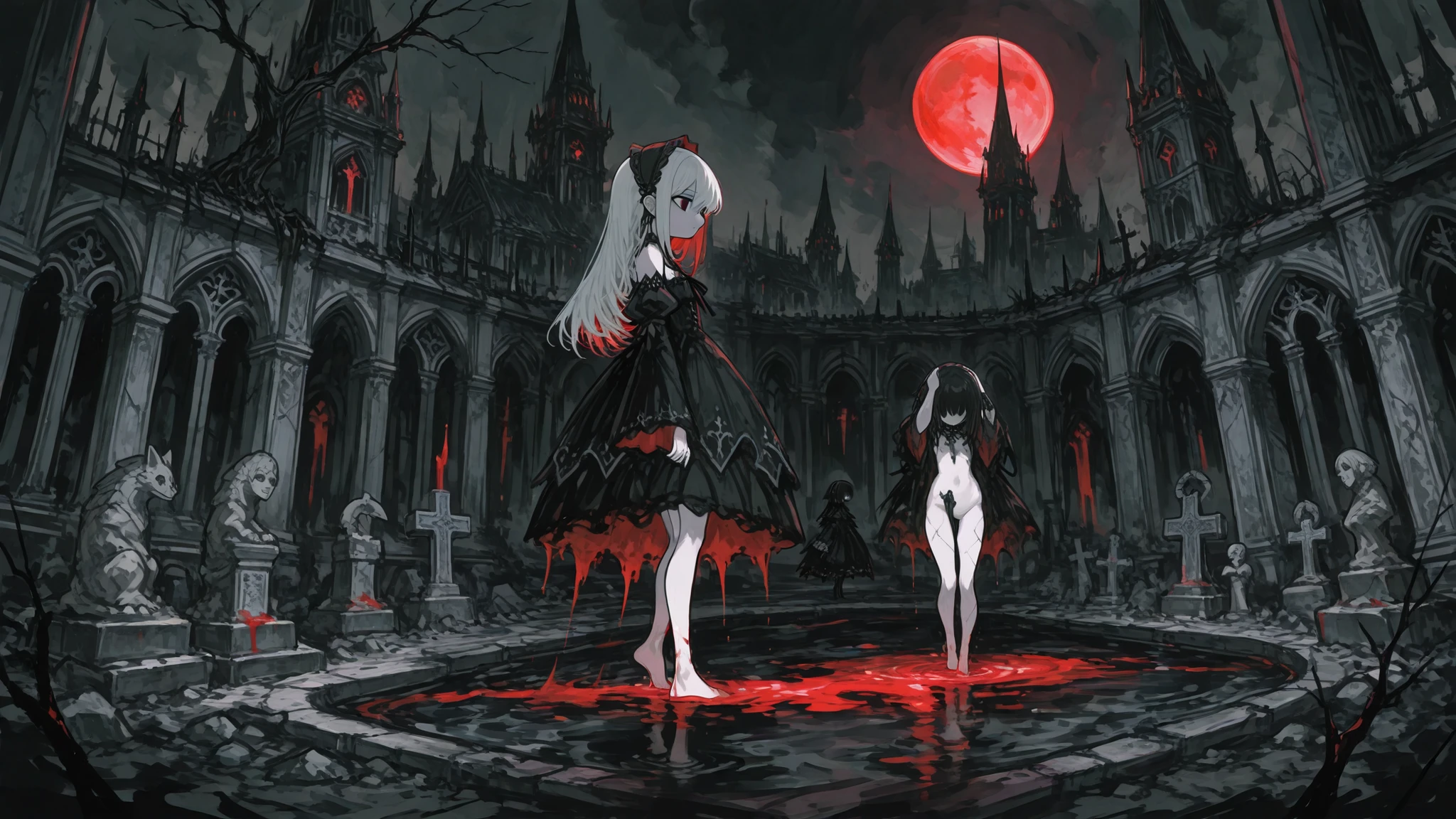 masterpiece,(bestquality),highlydetailed,ultra-detailed,cold,dark,snowy background, intense shadows, (vampiric atmosphere), (bloody red lips), (pale skin), (elegant poses), (mysterious vibes), (red nails), (rich Gothic fashion), (long flowing gowns), (red rose accessories), (haunting expressions), (glowing red eyes), (piercing gazes), (sharp fangs), (vampire bite marks), (ethereal beauty), (black lace), (glistening silver hair), (pale white hair), (sleek black hair with red highlights), (intricate hair rings), (half updo hairstyles), (hime cut hairstyles), (silky long hair), (matching black and white outfits), (twin vampires), (reflection on the water), (moonlight filtering through the trees), (ominous moon in the background), (dramatic lighting effects), (black eyeliner), (elegant posture), (graceful movement), (vampire hunters in the distance), (mysterious mist), (whispers on the wind), (long capes flowing in the wind), (dark magic), (an air of danger), (romantic ambience),