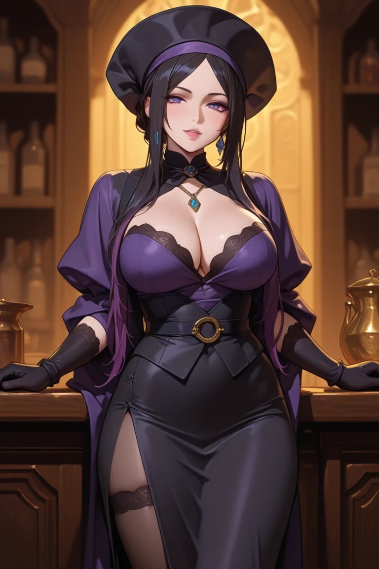 witch, <lora:witch-lora-nochekaiser:1>,
witch, long hair, purple hair, (yellow eyes:1.5),
BREAK thighhighs, gloves, hat, dress, cleavage, bare shoulders, elbow gloves, witch hat, (pelvic curtain:1.2), purple thighhighs,
BREAK indoors,
BREAK looking at viewer, (cowboy shot:1.5),
BREAK <lyco:GoodHands-beta2:1>, (masterpiece:1.2), best quality, high resolution, unity 8k wallpaper, (illustration:0.8), (beautiful detailed eyes:1.6), extremely detailed face, perfect lighting, extremely detailed CG, (perfect hands, perfect anatomy),