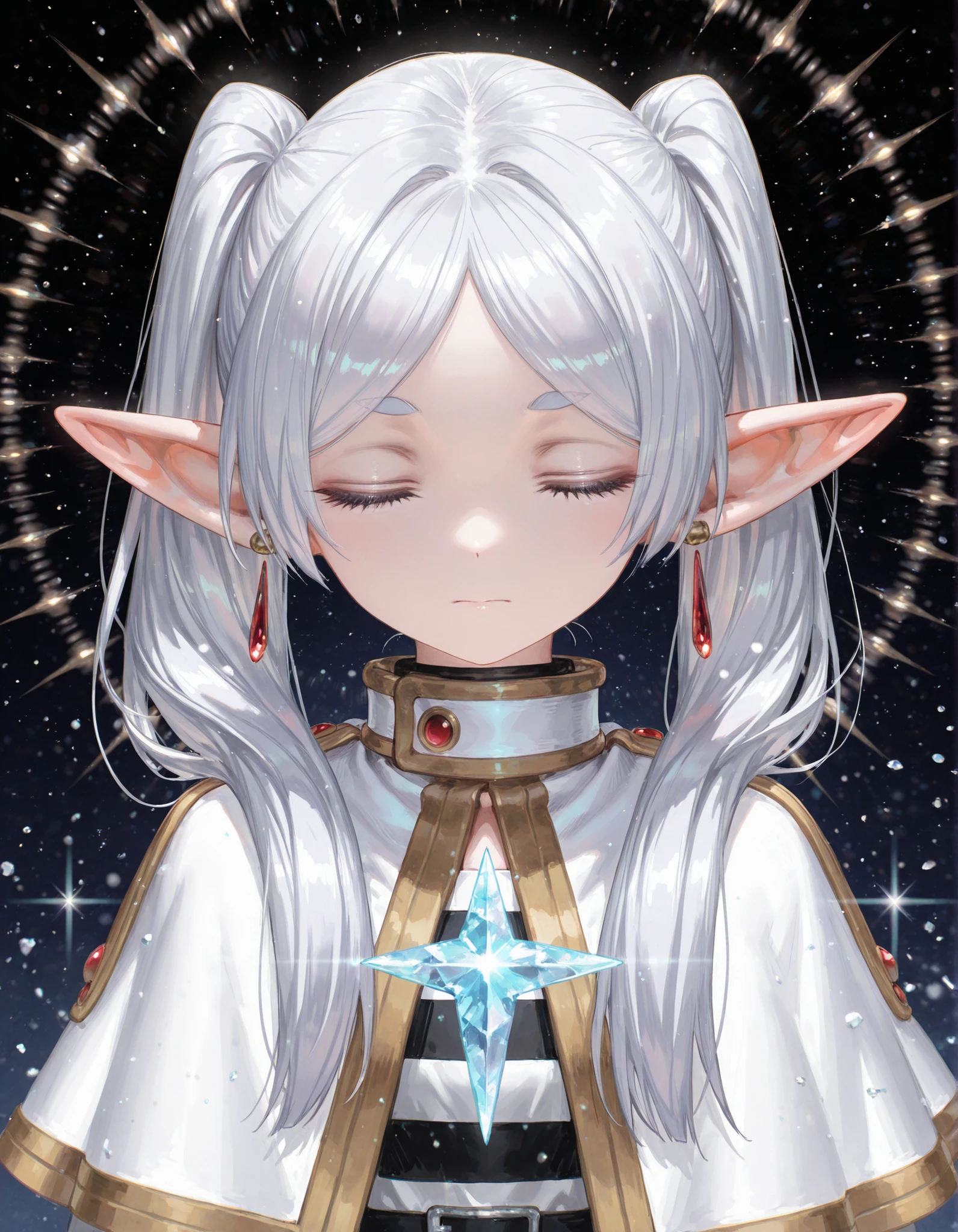 masterpiece, best quality, very aesthetic, 1girl,, solo, (Artist:human_mame:0.7),(Artist: Reoen :0.85),(nauseous:0.3),(wanke:0.4),( Modare :0.6),(WLOP:0.6),(King_(sanbonzakura):0.4), Frieren, pointy ears, Freeze, Elf, Alone, twintails, jewelry, closed eyes, earrings, SPARKLE, Capelet, white Capelet, long hair, white hair, closed mouth, parted bangs, upper body, facing viewer ,,,masterpiece, best quality, newest, masterpiece, best quality, very aesthetic, highres, highres, absurdres
