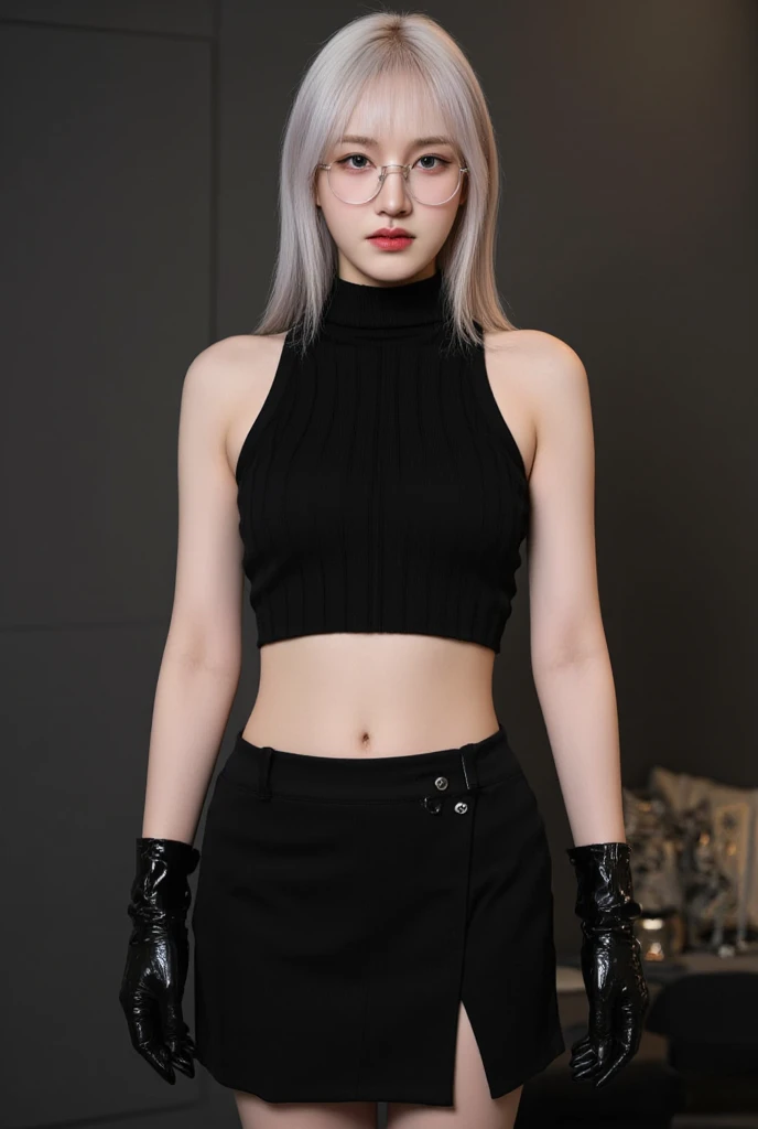 1人の女性、tmasterpiece、top-quality、The grey hair、Wear crop top choker and skirt 、Large full breasts