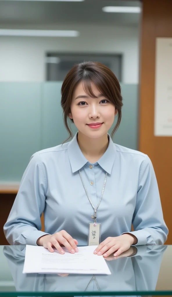 (White collared shirt、Offering tea、Tied up hairstyle、Photo from the waist up:1.4).One Girl, Cool Biz、(Put your hands on the desk and stick your butt out、office、Her natural G-cup breasts are visible even through her clothes、Office Lady Uniform、Cute beauty, Delicate girl:1.3), (24-years-old:1.3),(Smiling with teeth showing、Cute smiling eyes、Cute loose perm、(Fluffy hair、Loose perm、Braid only the bangs:1.4)Braid only the bangs、Fluffy hair、Medium Short Hair、Wearing an office lady skirt、Round and ample breasts、Curved waist、Photo from the waist up:1.4)
Very beautiful eyes, (Office Lady Uniform:1.3), (G-cup big breasts:0.5), Brown eyes, Parted bangs, Light brown hair,
, A face of ecstasy、(The expression of ecstasy、A face of ecstasy:1.0),
, (masterpiece, Highest quality, Super detailed, Detailed face, 8k)