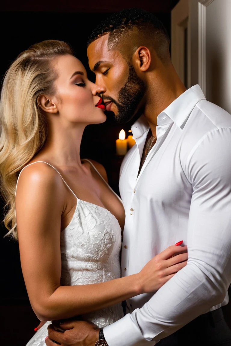 Couple hugging, Black man and blonde white woman, Couple in red clothes on fire, dark room, Man and woman with their faces covered, wearing earrings, blonde woman,man