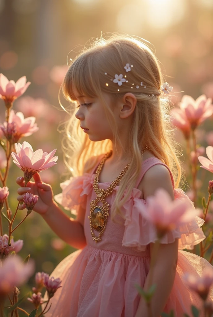  8 years old,eyes browns,blonde,wheelchair user,wearing a pink princess dress,praying sitting in the wheelchair, flower garden behind. 