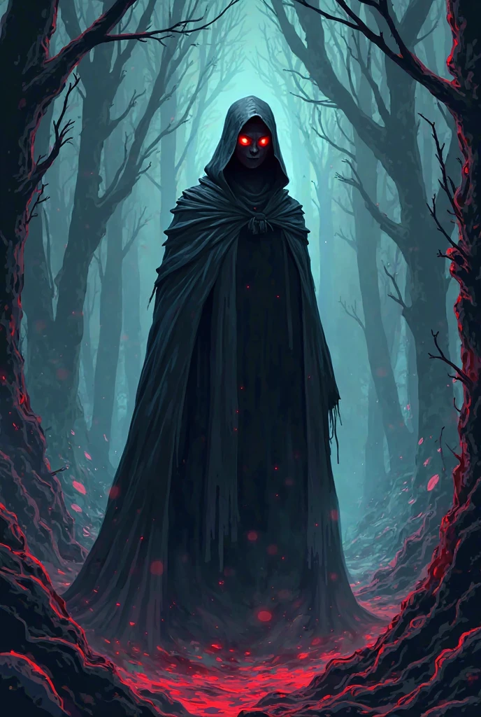 a demon wrapped in a black cloak of darkness in the middle of the forest
