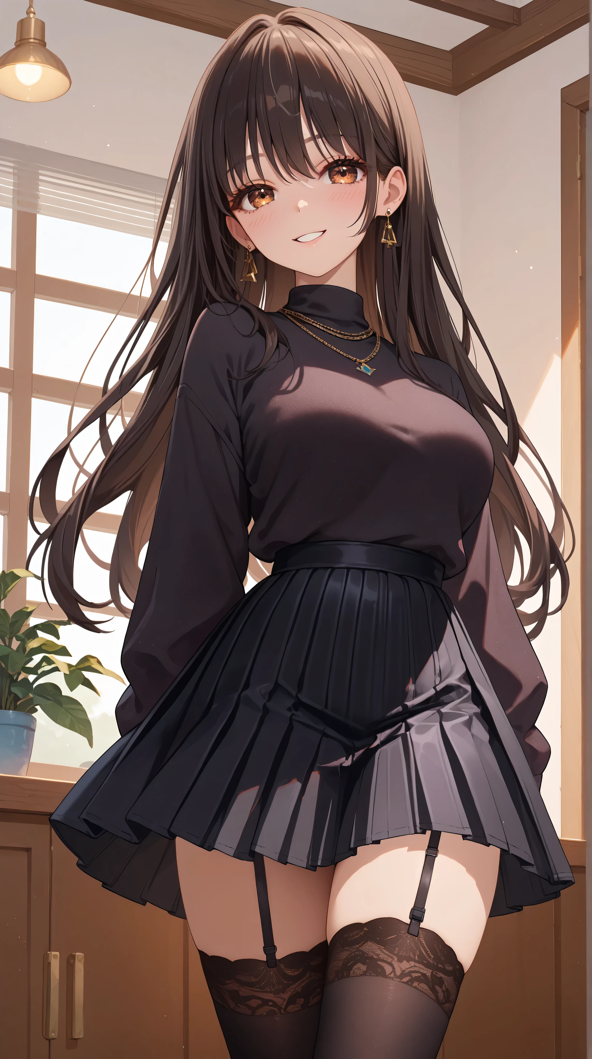 _asura style, 1girl, solo, hu_tao_(genshin_impact), red_eyes, skirt, long_hair, hand_on_hip, smile, twintails, bag, looking_at_viewer, thigh_strap, long_sleeves, black_skirt, white_background, brown_hair, symbol-shaped_pupils, black_nails, long_skirt, sweater, crop_top, simple_background, very_long_hair, turtleneck, jewelry, white_sweater, earrings, alternate_costume, side_slit, flower-shaped_pupils, bangs, multicolored_hair, gradient_hair, handbag, closed_mouth, breasts, hair_between_eyes, nail_polish, midriff, high-waist_skirt, turtleneck_sweater