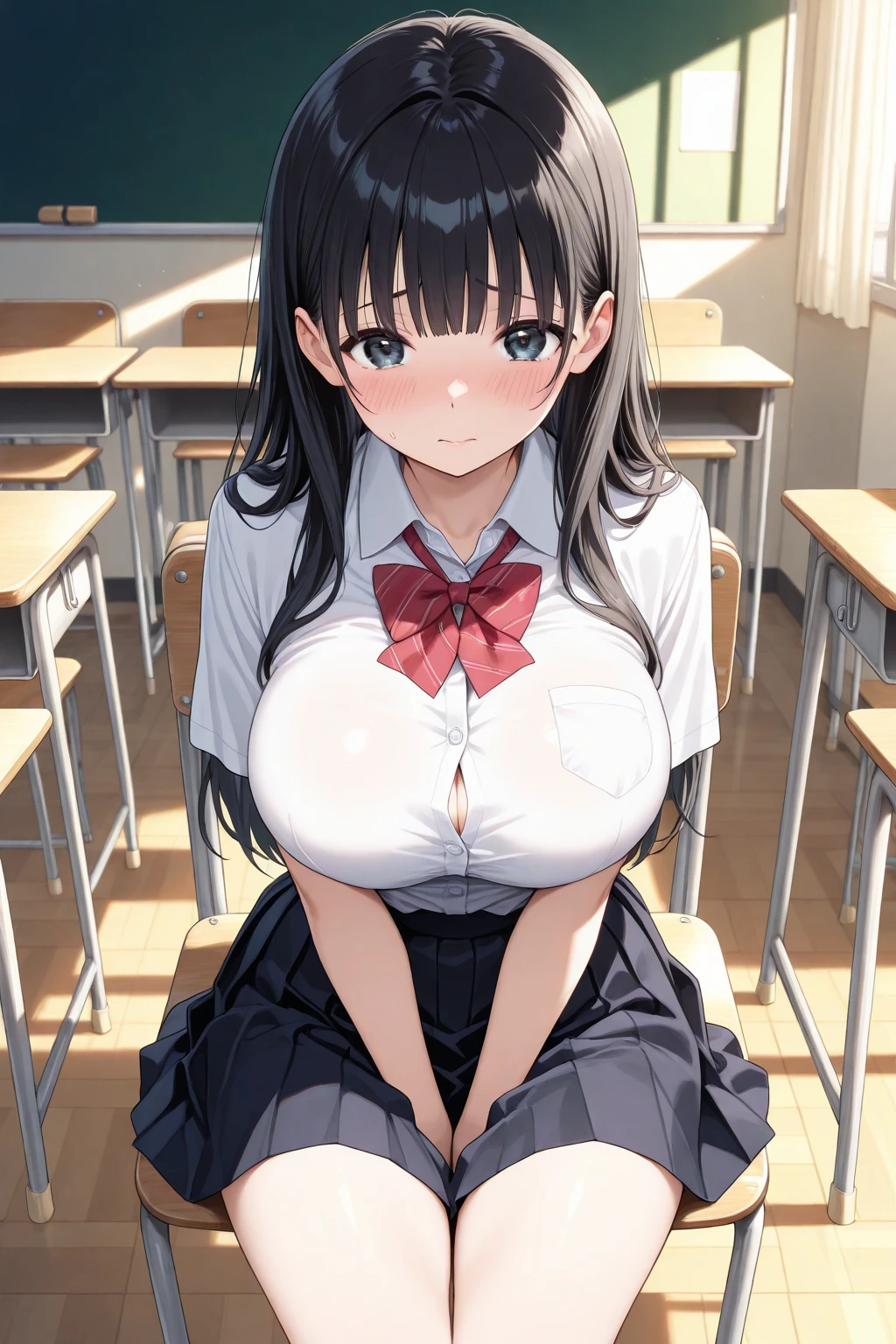masutepiece、​masterpiece、top-quality、ultra-detailliert、hight resolution、hight resolution、8K Portrait、Unity 8k壁紙のhigh-detailCG、Unity 8k壁纸、Cute little:1.5、Lori:1.5、Highly detailed CG Unity 8k wallpaper、逼真、realperson、Cute little、 Portrait photos、shinny skin、high-detail、(sixteen years old:1.2)、(女の子1人)、Beautiful clear eyes、Ultra-fine depiction、delicated face、Lovely lips、skinny  body、Big breasts thin waist、Thin leg、(school classrooms:1.6)、
1girl in, Cute, Perfect face, Seriously, (blush:1.5),
Big breasts,((School Uniforms:1.2)),(((Clothes lift:1.5))), (((Nipples))), Detailed description vagina,Show vagina,Spread legs,spreading pussy,((cum in vaginas:1.5))