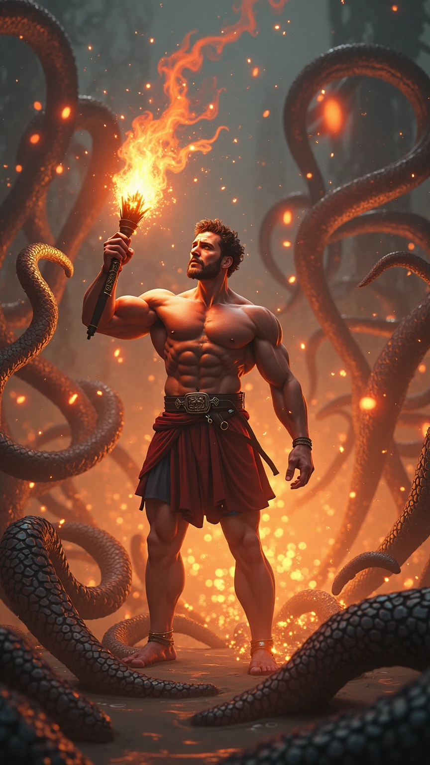 ((official art)), ((concept art)), 1man,The most attractive masculine hairy male, on fire, glowing heat, smoke, (extremely detailed 8k wallpaper),a medium shot photo of a fearful necromancer, glowing hot arms, firey hands, conguring fire, loincloth fabric burning off, intricate, high detail, dramatic, naked masculine 1man, dark short hair, muscular, reflection, cheraschoro, crotch bulge, mustache, (hairy body), small waist, broad shoulders, erotica, masculinity, strength, inside a cave, masculine pose, very small string loincloth, magic, (full body view:1.8),