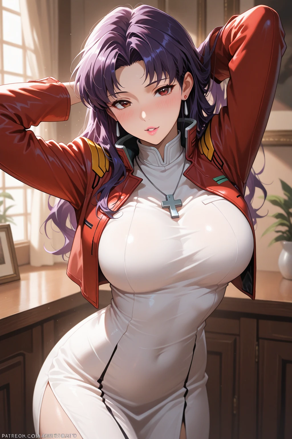 Steppiece, Best Quality, Very detailed_nffsw_Unity_8K_ Wallpaper, girl, Solo, Misato Katsuragi, Brown eyes, Indigo hair, Big breasts, Cross Necklace, Red jacket, Gonzo,a bed、From directly above,soio,,legs up,,gape ,(steam:1.1),On desk in office,Background blur,ultra-detailliert,break the climax,Cum Drip,The chest is visible、
